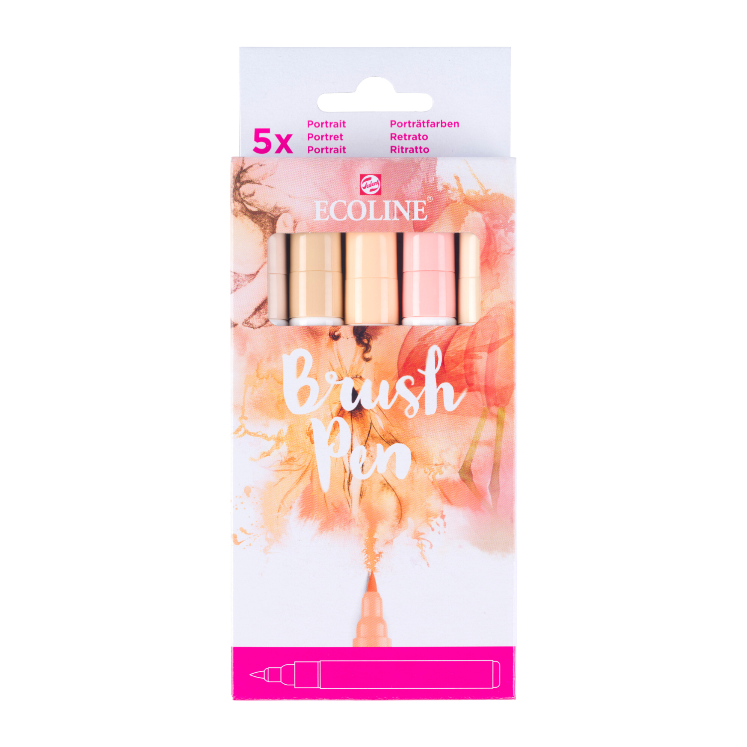 Ecoline Brush Pen Set Portraitfarbe, 5 Stück in sanften Tönen, ideal für kreative Porträts. Verpackung zeigt Pinselstifte vor einem künstlerischen Hintergrund.