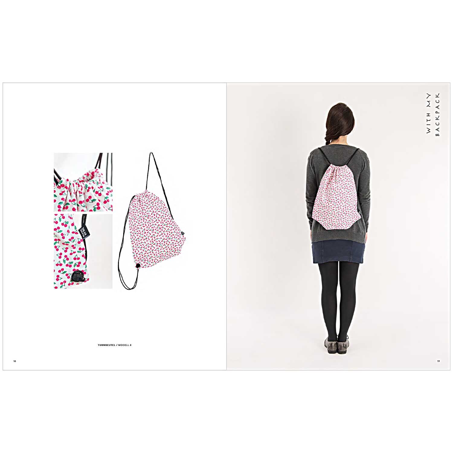Das große Rico Näh- und Stickbuch zeigt eine Frau mit einem rosa gemusterten Rucksack von Rico Design.