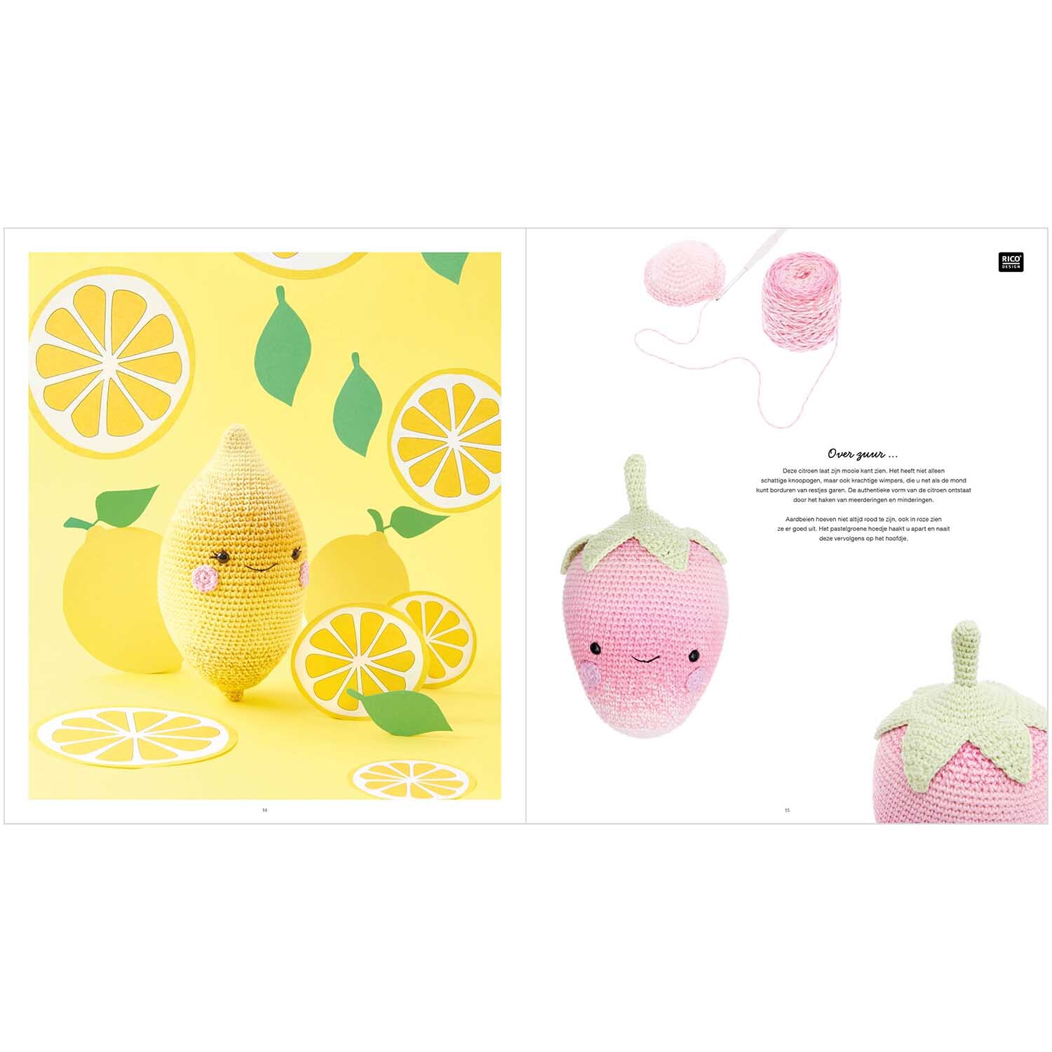 Ricorumi Fresh Friends niederländisch: Gehäkelte Zitrone und Erdbeere von Rico Design auf gelbem Hintergrund.