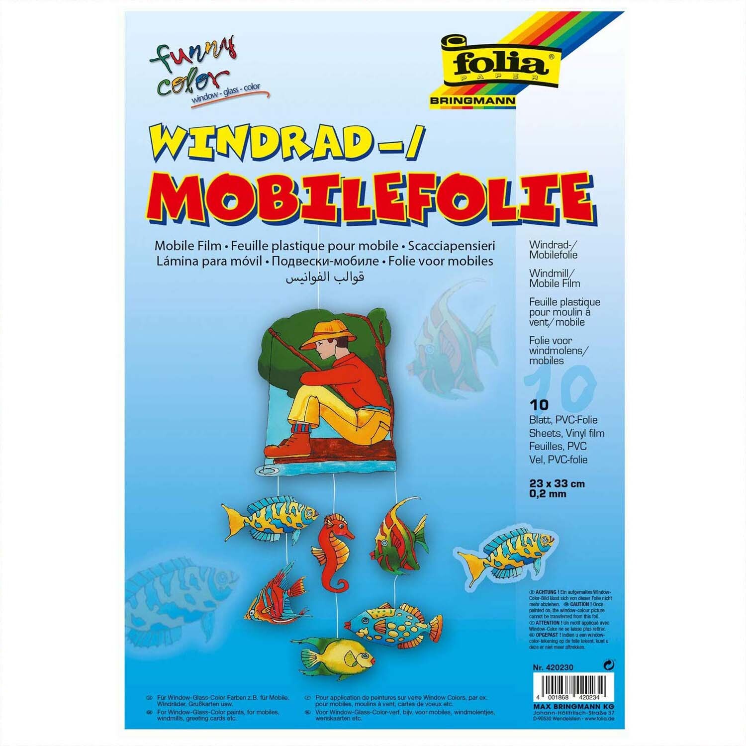 Windradfolie 0,2mm 23x33cm 10 Stück: Bunte Mobilefolie von folia mit Fischen und einem Kind auf blauem Hintergrund.
