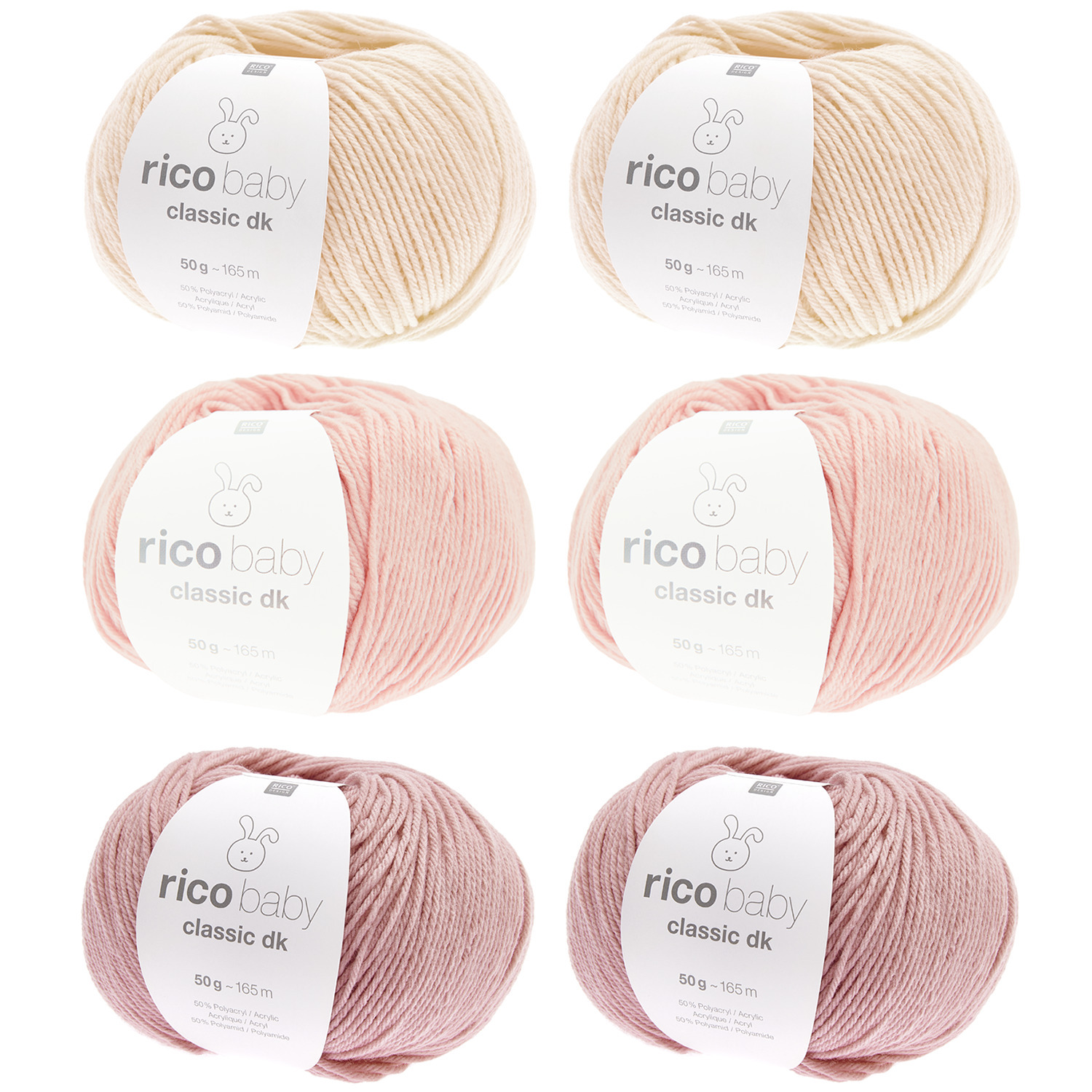 Wollpaket Baby Classic Berry Colours: Sechs Knäuel in sanften Beeren- und Cremetönen von Rico Design, ideal für Babystrickprojekte.