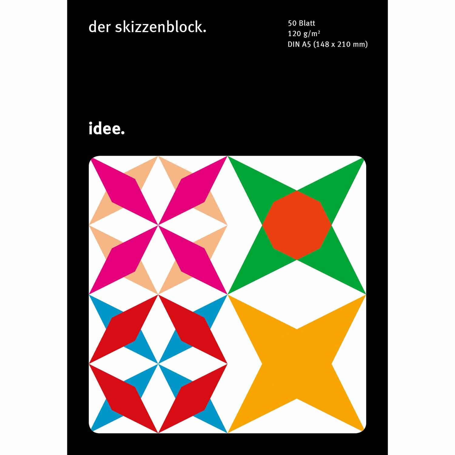 Skizzenblock 120g/m² 50 Blatt mit buntem geometrischem Muster auf dem Cover, Marke idee. Creativmarkt.
