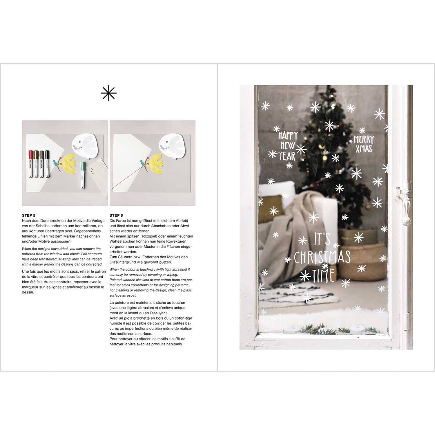 Vorlagenmappe Christmas is in the Air: Fensterdeko mit Kreidestiften, weihnachtliche Motive auf Glas, Marke Rico Design.