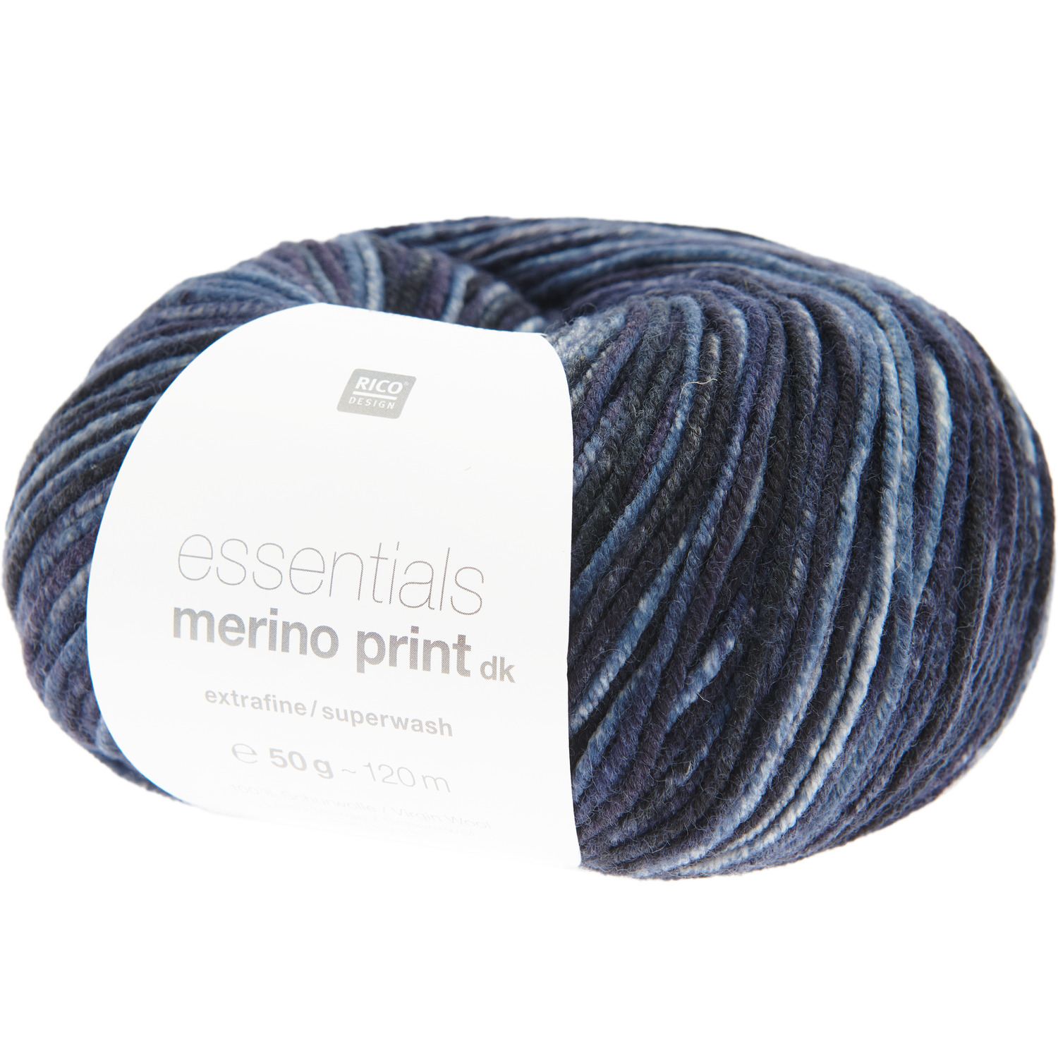 Essentials Merino Print dk, 50g Wolle in Blau Mix von Rico Design, ideal für Strickprojekte.