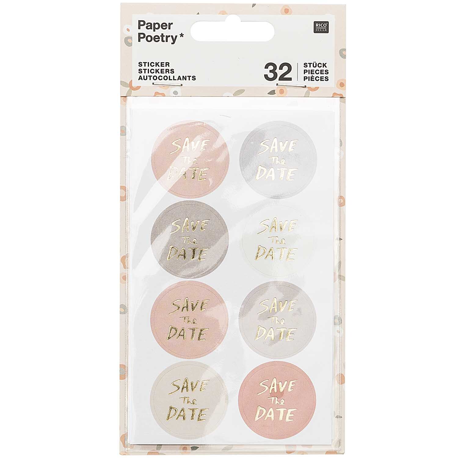 Paper Poetry Sticker Save the Date: Runde Sticker in zarten Farben mit "Save the Date"-Aufdruck. Ideal für Einladungen und Dekorationen.