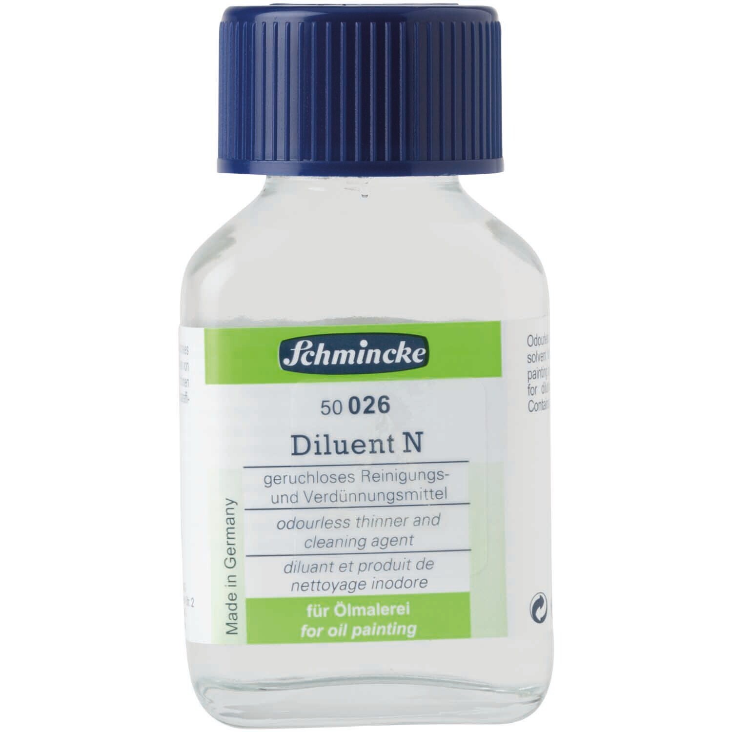Diluent N Verdünner geruchlos 60ml von Schmincke in einer transparenten Flasche mit blauem Deckel.