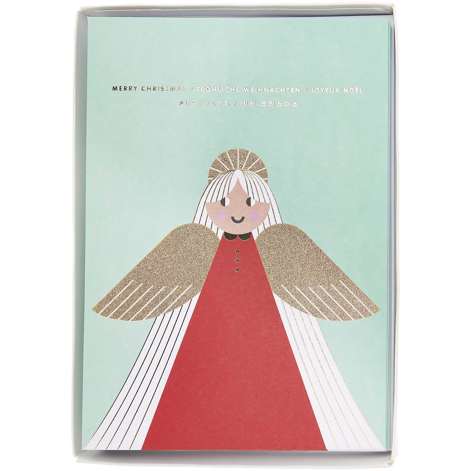 Paper Poetry Kartenset Engel A5 zeigt einen Engel mit goldenen Flügeln und rotem Gewand. Ideal für festliche Grüße.