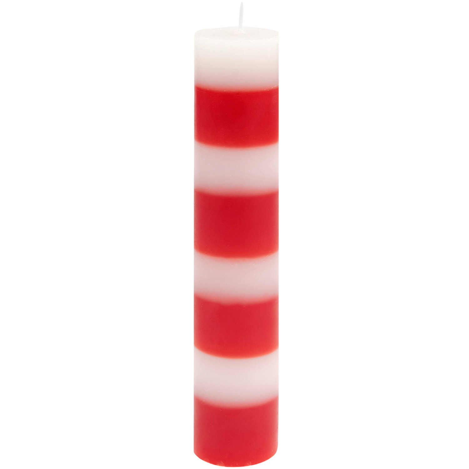 Stabkerze waagerecht gestreift von Rico Design, Ø4x20cm, zeigt ein weiß-rot gestreiftes Muster.