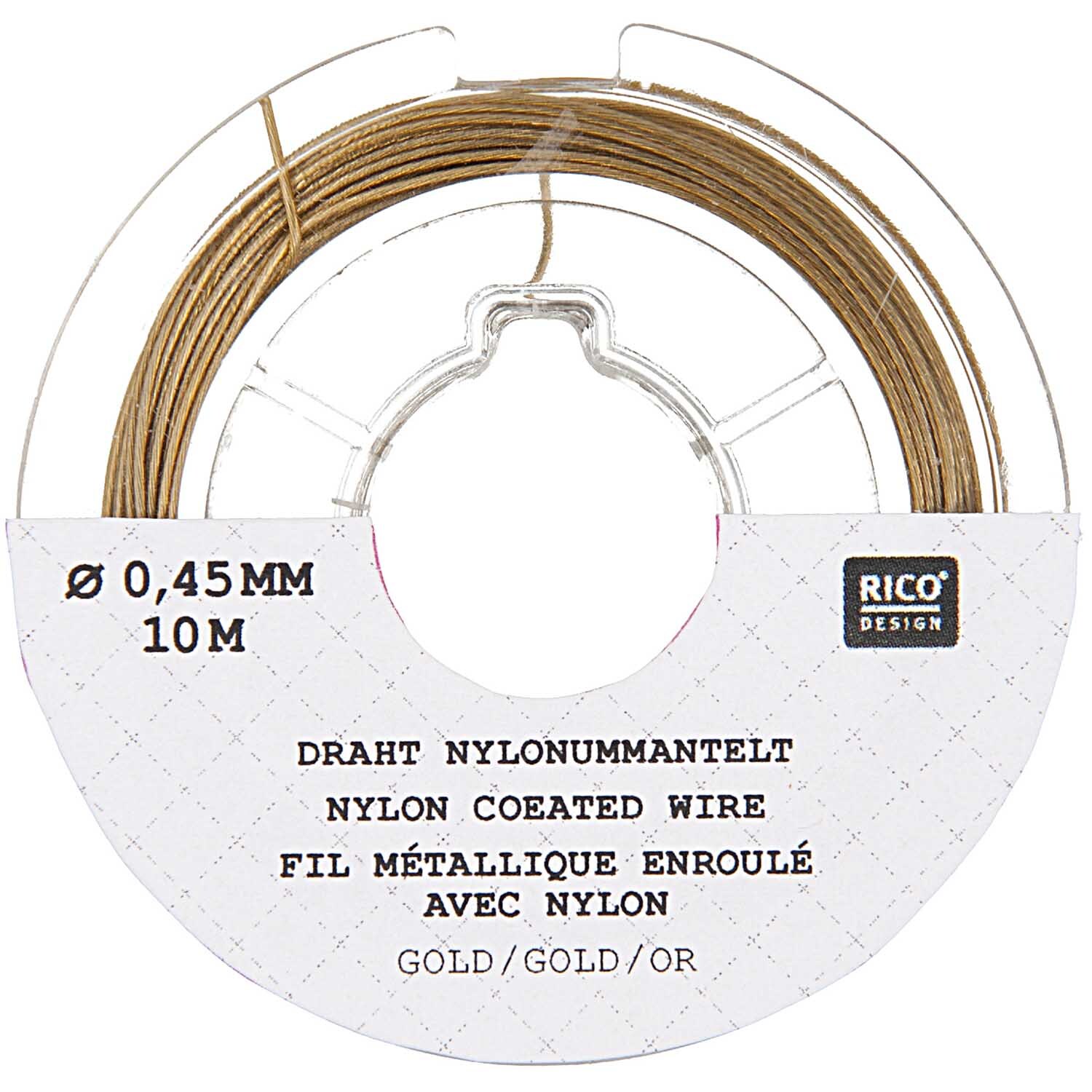 Edelstahlseide 0,45mm 10m von Rico Design in Goldfarbig, auf einer Spule mit Nylonummantelung. Ideal für kreative Projekte.
