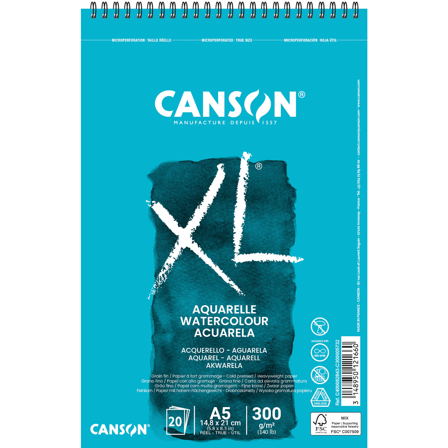 XL Aquarell Spiralblock DIN A5 mit 20 Blatt, 300g/m², von Canson. Blaues Cover mit weißem XL-Logo.