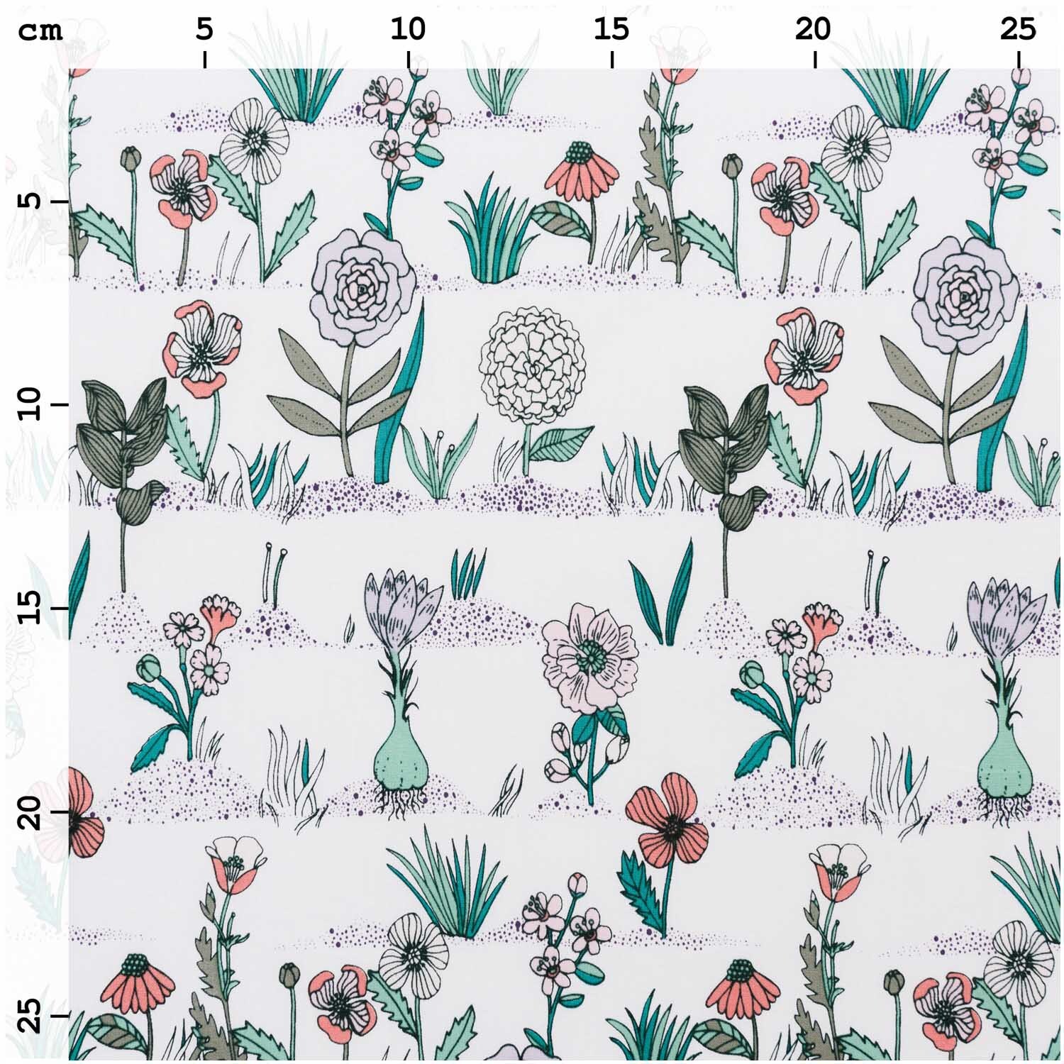 Druckstoff Hygge Pflanzen und Gräser zeigt ein florales Muster mit verschiedenen Blumen und Gräsern auf weißem Hintergrund. Ideal für kreative Projekte.