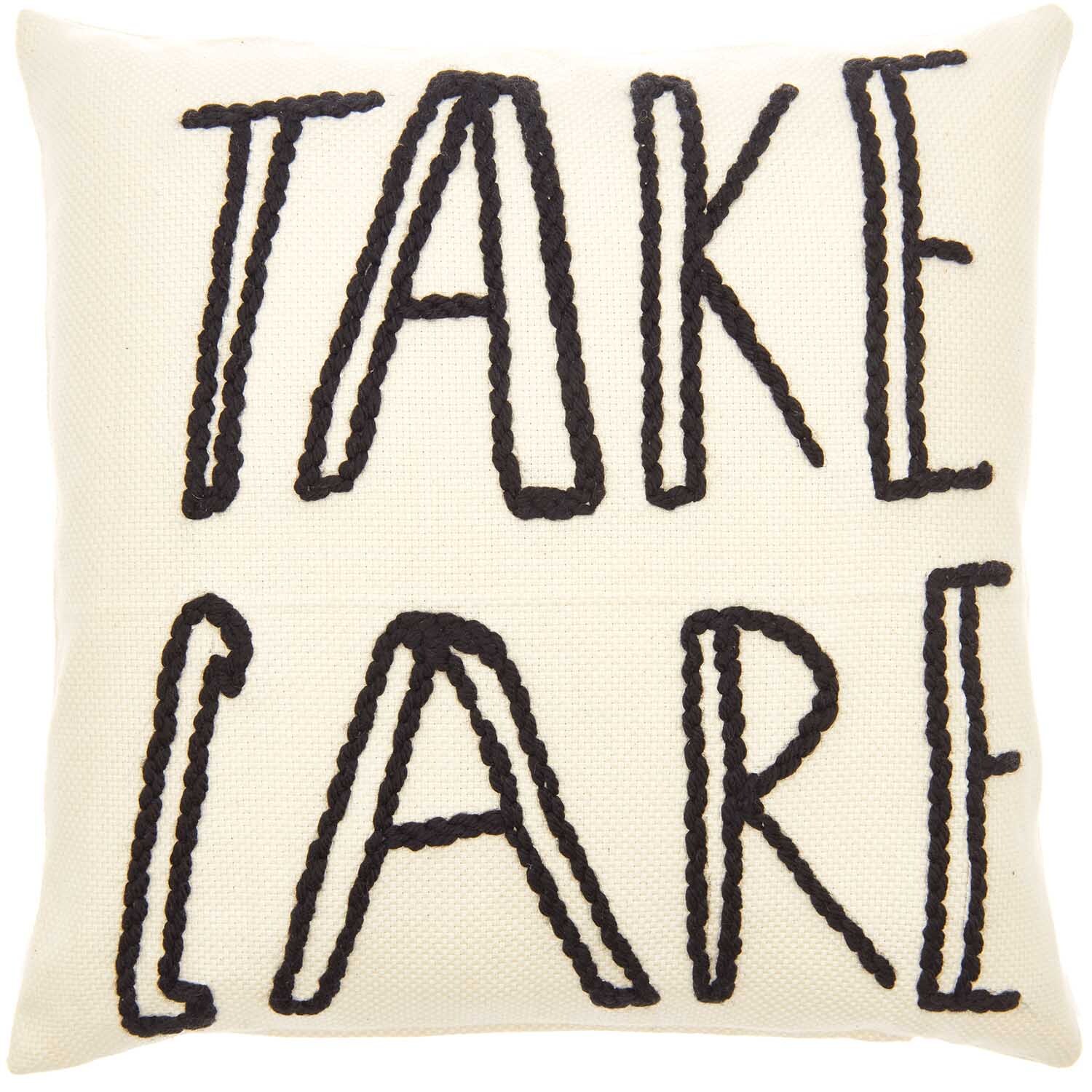 Punch Needle Packung Kissen mit schwarzem "Take Care"-Text auf weißem Hintergrund von Rico Design.