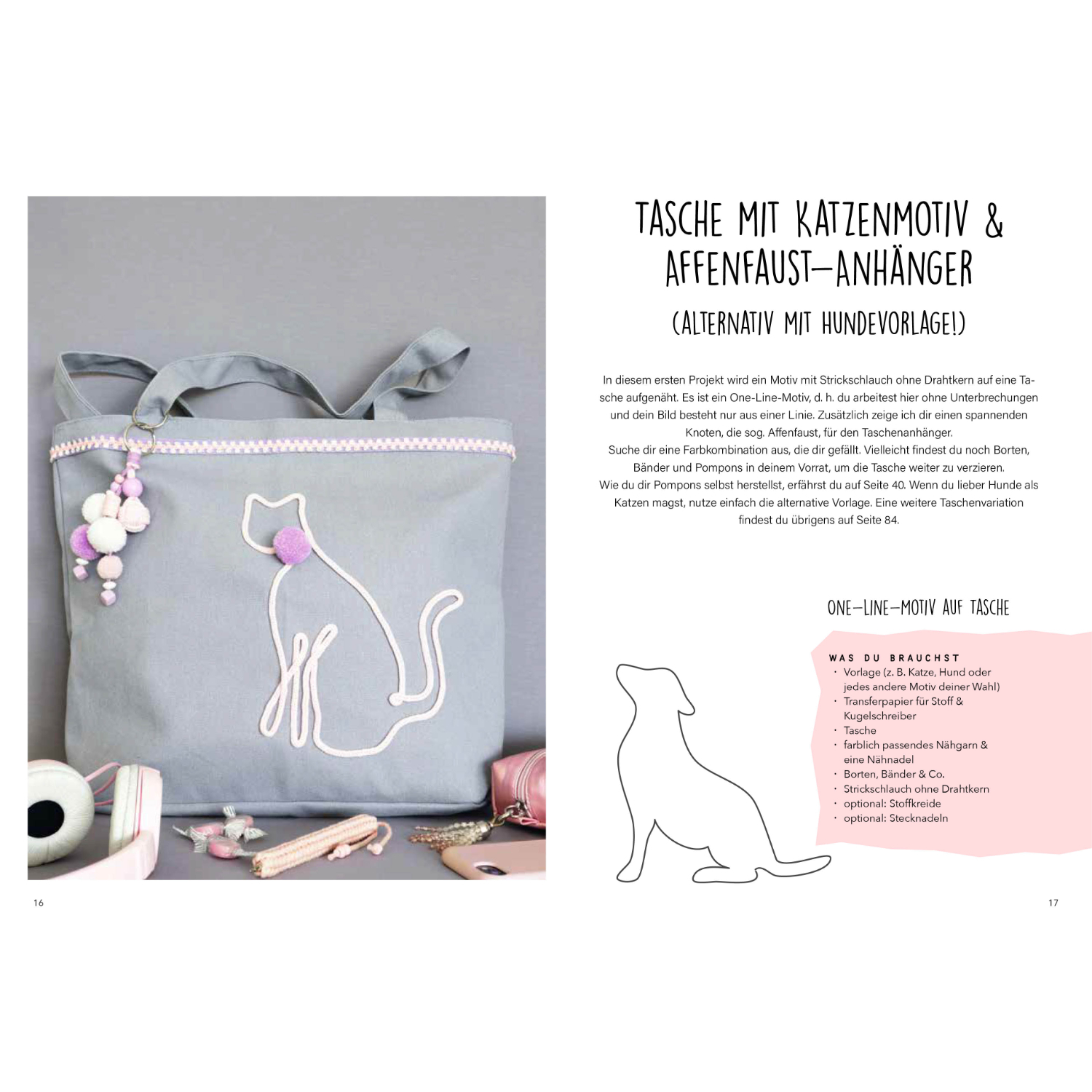 Deko-Ideen aus Strickschlauch: Graue Tasche mit Katzenmotiv und Affenfaust-Anhänger, präsentiert vom Christophorus Verlag.