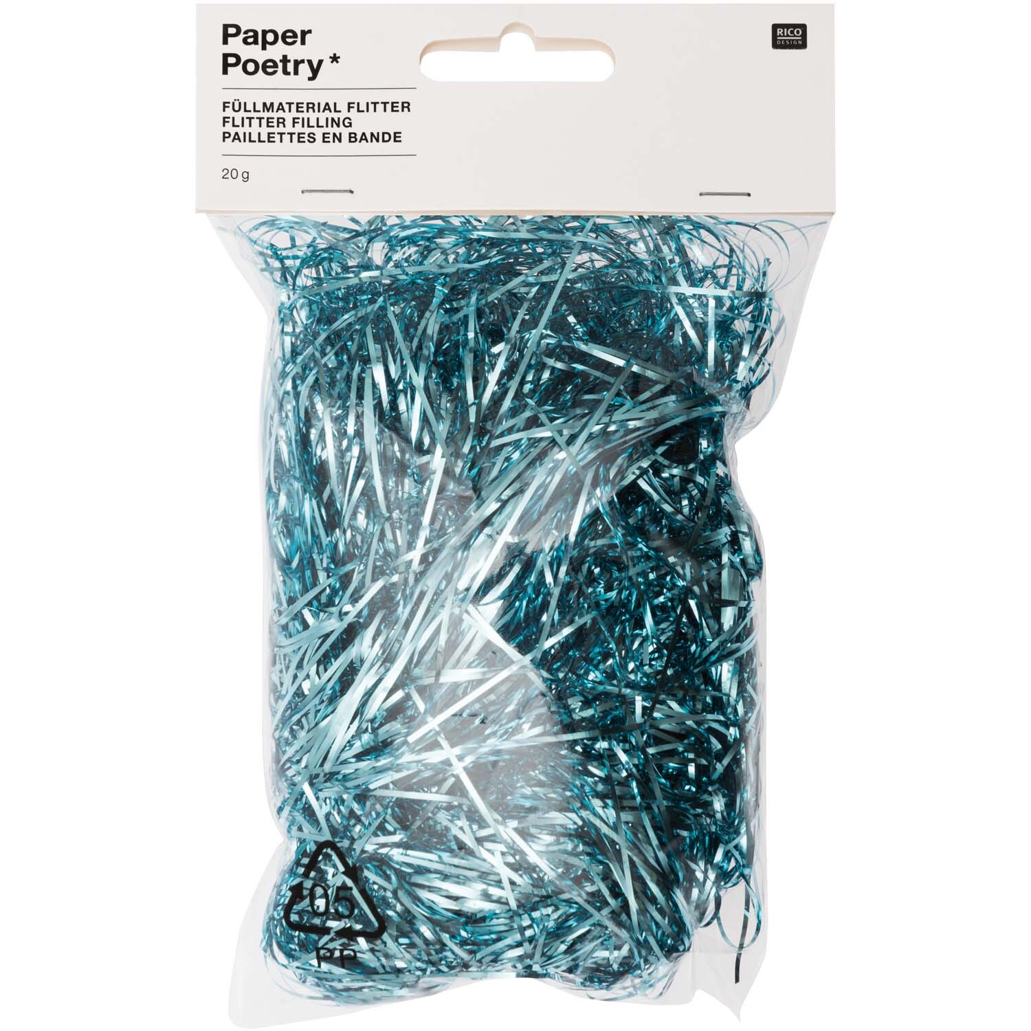 Paper Poetry Füllmaterial Flitter 20g in türkis von Rico Design, verpackt in einer transparenten Tüte. Ideal für kreative Dekorationen.
