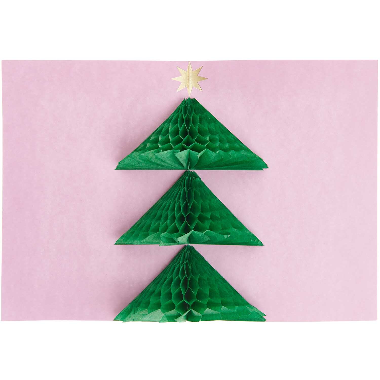 Paper Poetry 3D-Karte Merry Christmas mit grünem Tannenbaum auf rosa Hintergrund von Rico Design.