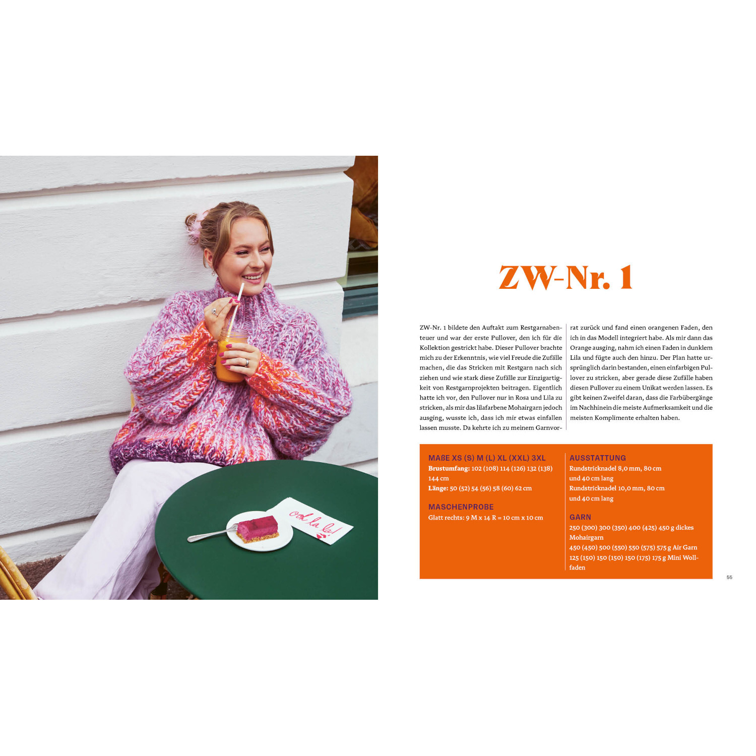 Restgarn-Remix Stricken: Frau in buntem Strickpullover genießt Getränk im Freien. Buch von EMF.