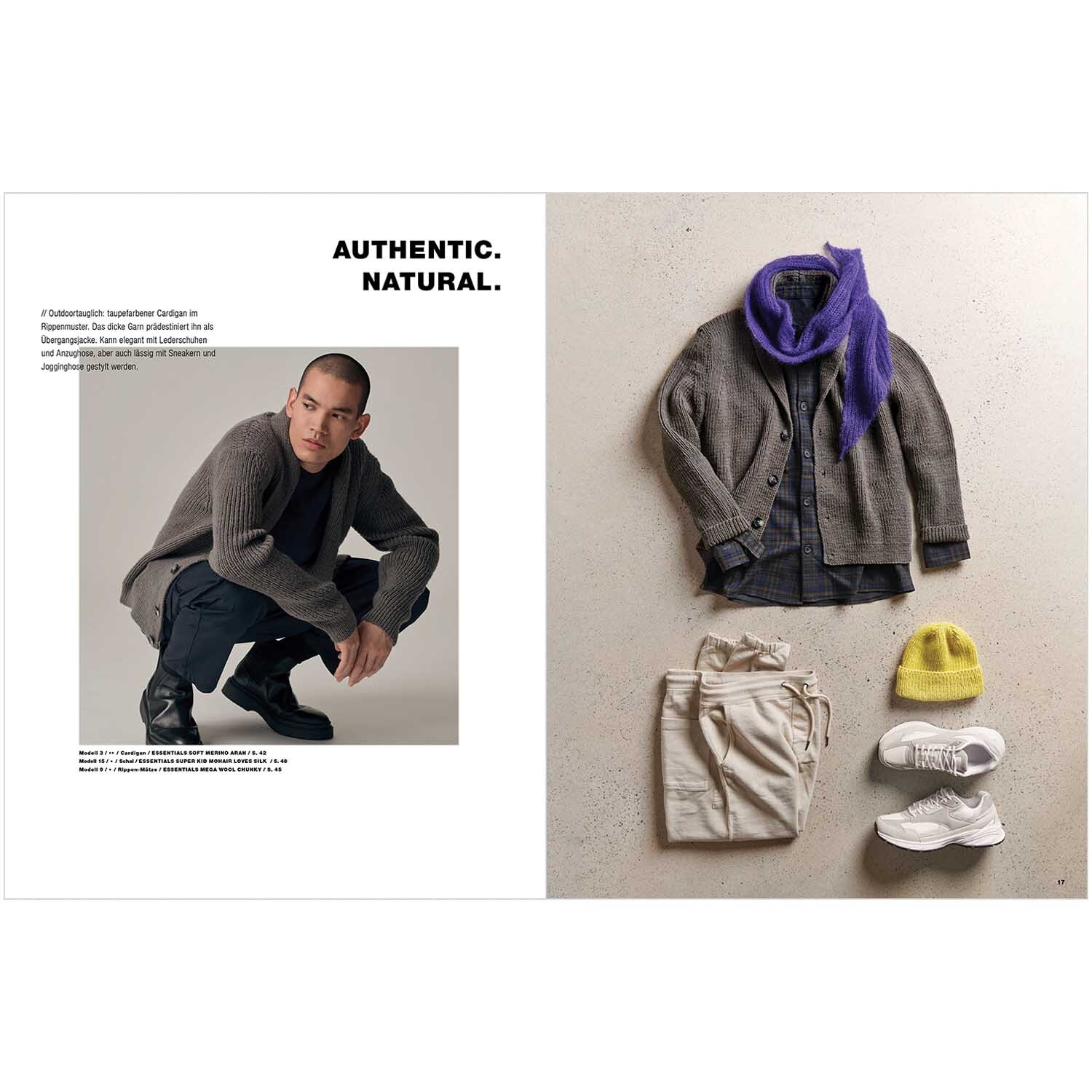 Made by Me Handknitting Men Nr.2 Fashion Edition: Grauer Cardigan mit lila Schal, beiger Hose, gelber Mütze und weißen Sneakers von Rico Design.