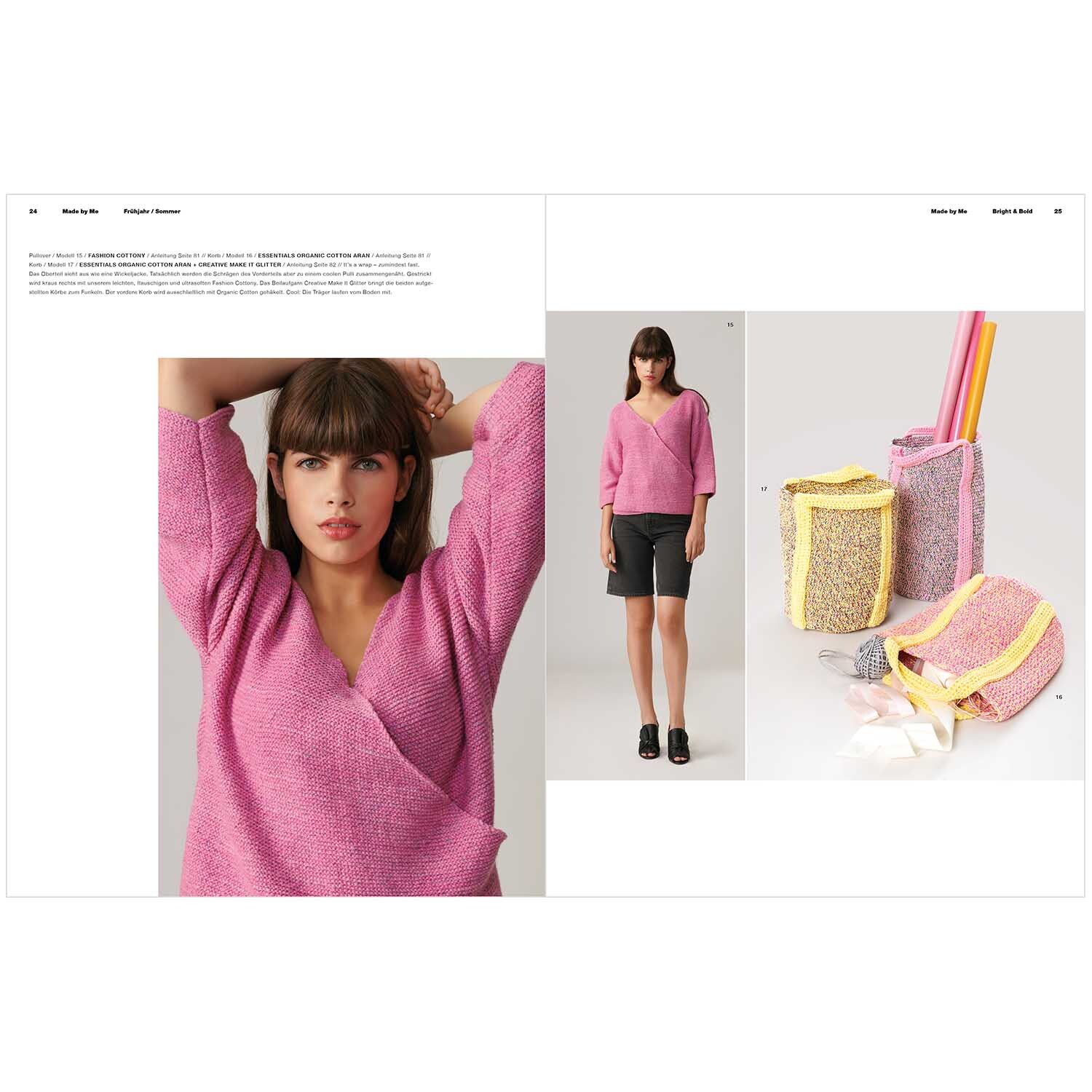 Made by Me Handknitting Nr. 12 Frühjahr-Sommer: Frau in rosa Strickpullover, daneben gestrickte Taschen in Pastellfarben.