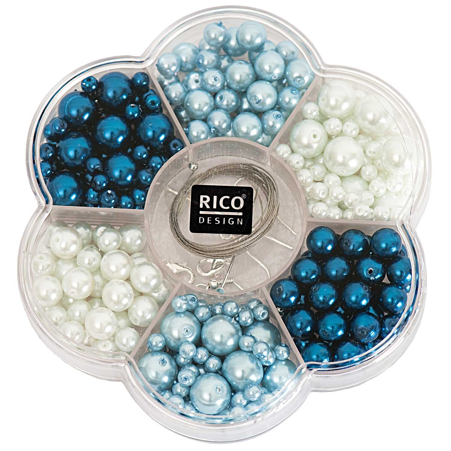 Renaissance Perlen-Set in Blau und Weiß von Rico Design, präsentiert in einer Blumenform.