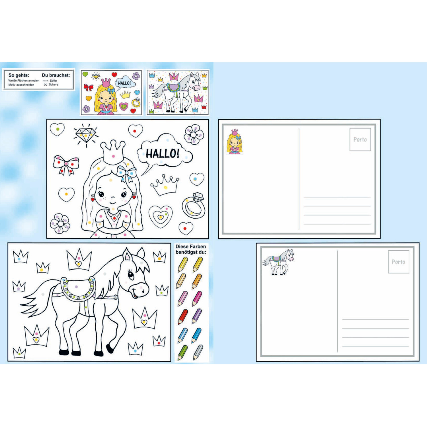 Das Ausschneide-Bastelbuch Malen nach Farben: Kreatives Set mit Prinzessin- und Pferdemotiven zum Ausmalen und Gestalten von Postkarten.
