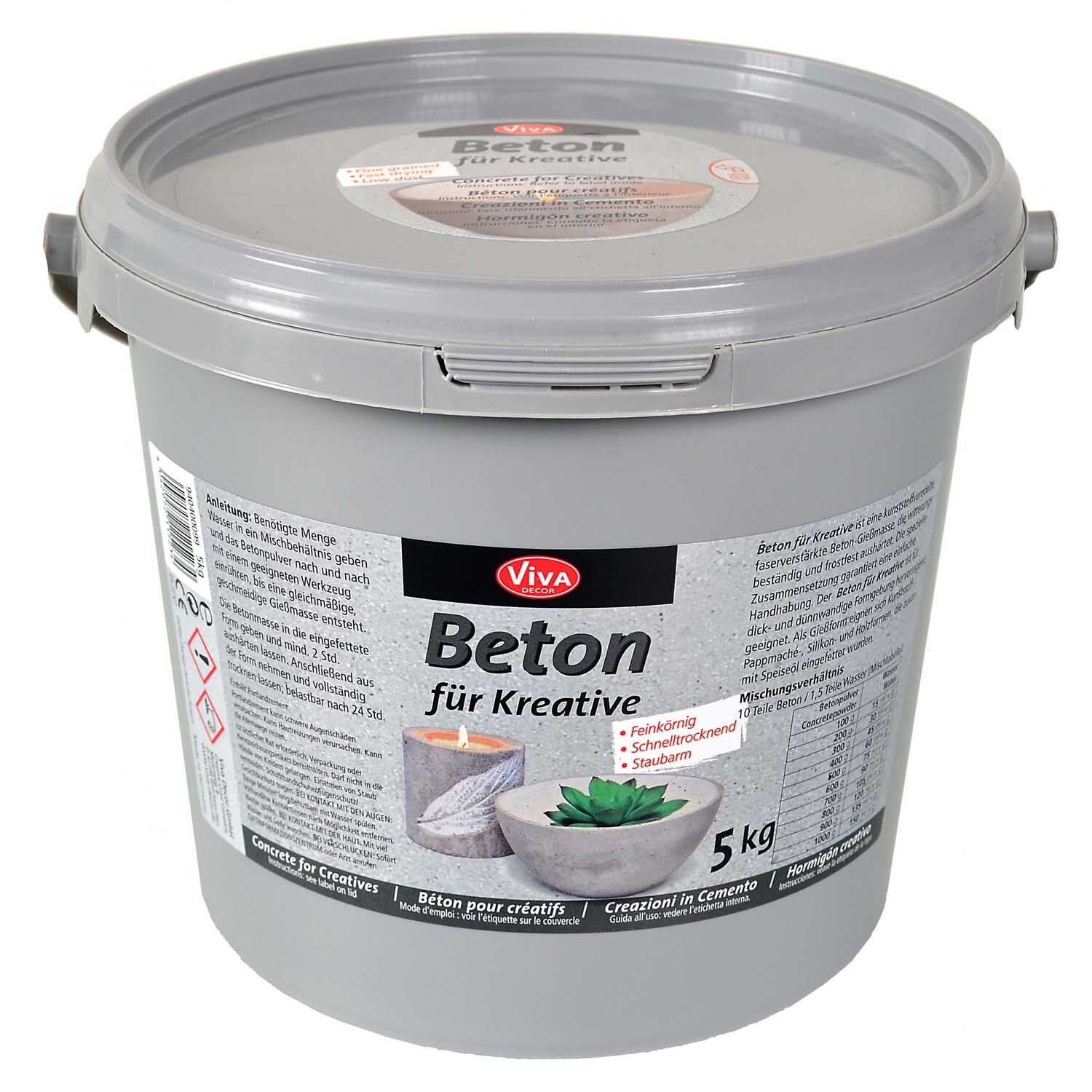 Gießbeton Eimer 5000g von Viva Decor, grauer Eimer mit Deckel, ideal für kreative Projekte.