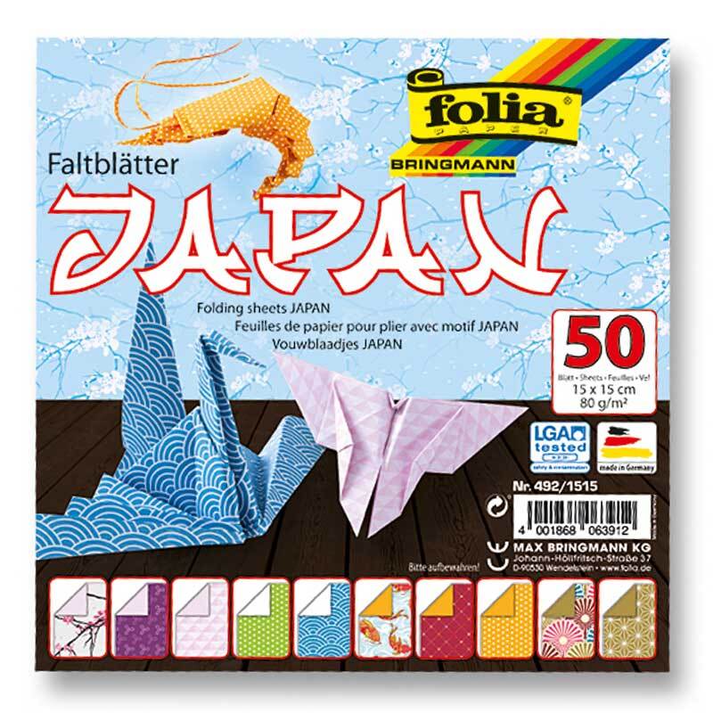 Faltblätter Japan 15x15cm 50 Blatt zeigt Origami-Papier in verschiedenen Mustern und Farben. Marke: folia.