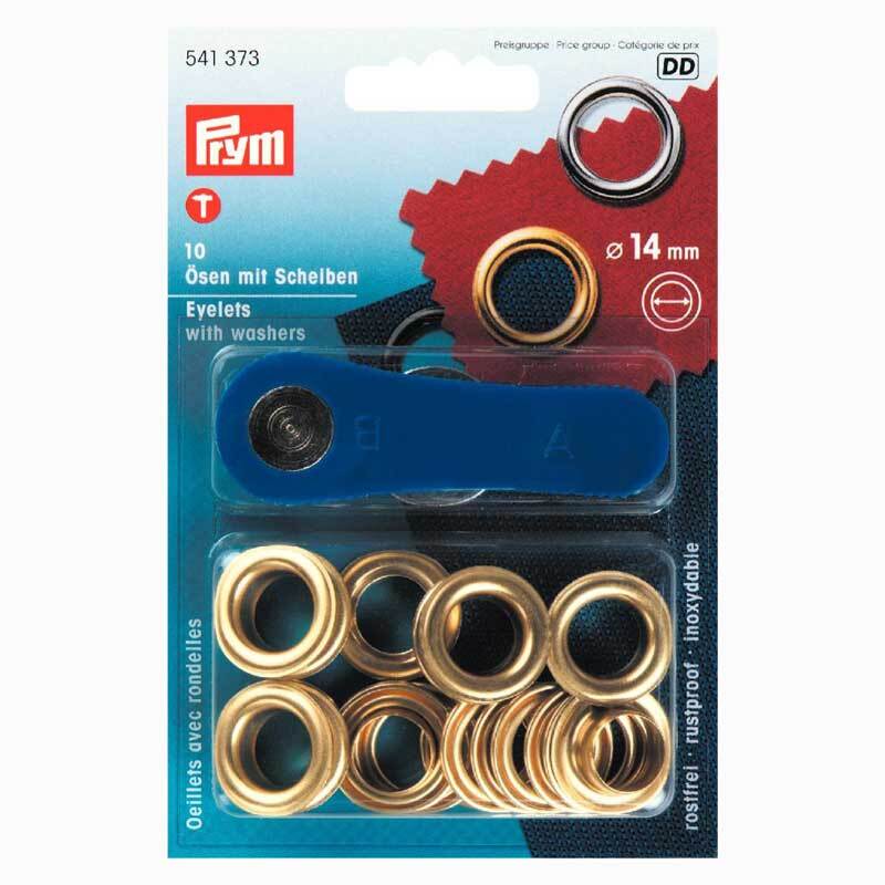Ösen mit Scheiben gold 14mm 10 Stück von Prym, abgebildet in einer Verpackung mit blauem Hintergrund.