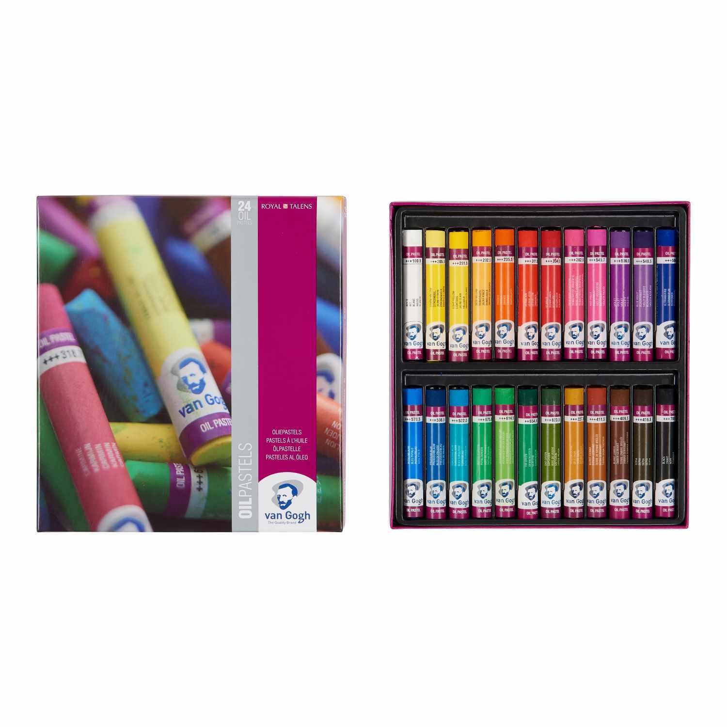 Öl-Pastelle Set 24 Farben zeigt eine Auswahl an leuchtenden Stiften von van Gogh in einer Box.