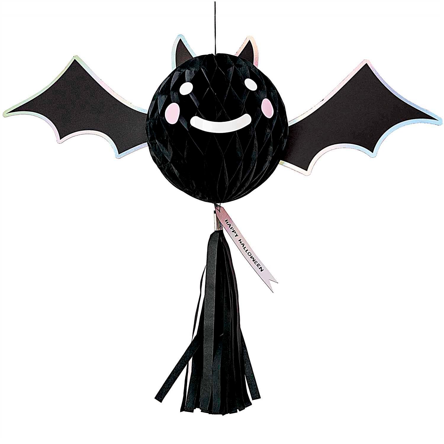 Wabenpapierfigur mit Quaste Fledermaus 66,5x51cm als hängende Deko von Rico Design, lachende Fledermaus mit ausgebreiteten Flügeln und langer Fransenquaste