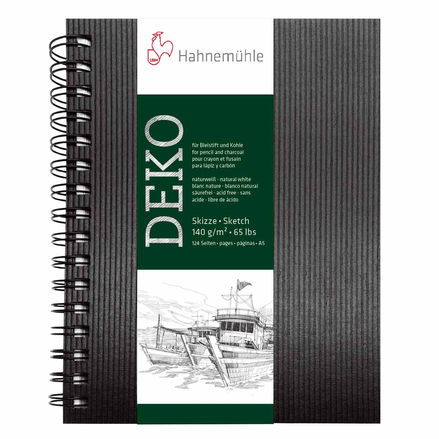 Spiral-Skizzenbuch Deko mit 62 Blättern, schwarze Hülle, Marke Hahnemühle, ideal für Skizzen.