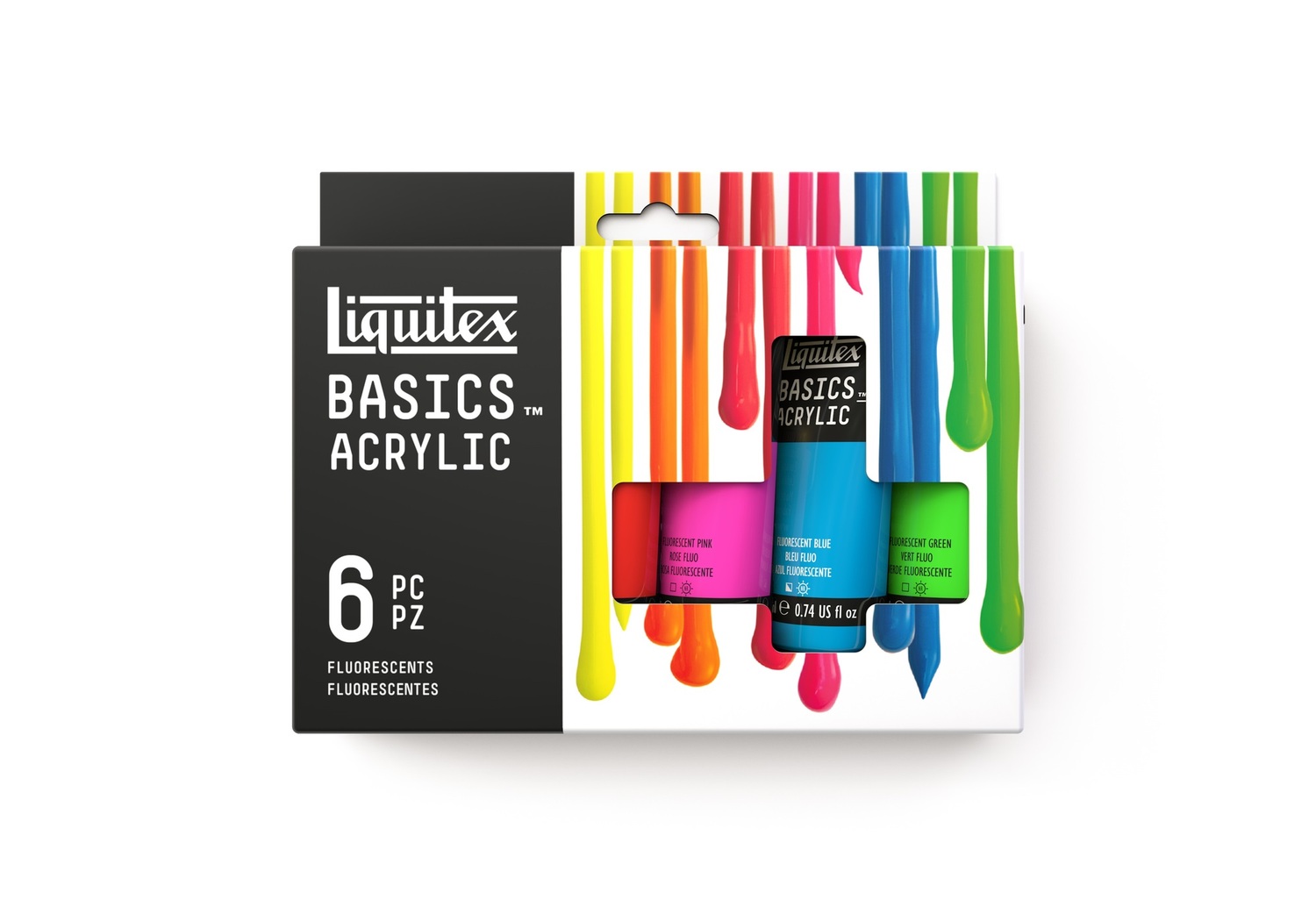 Basics Acrylfarben Set Neon 6x22ml von Liquitex zeigt bunte Neonfarben in einer Verpackung mit sechs Tuben. Ideal für kreative Projekte.