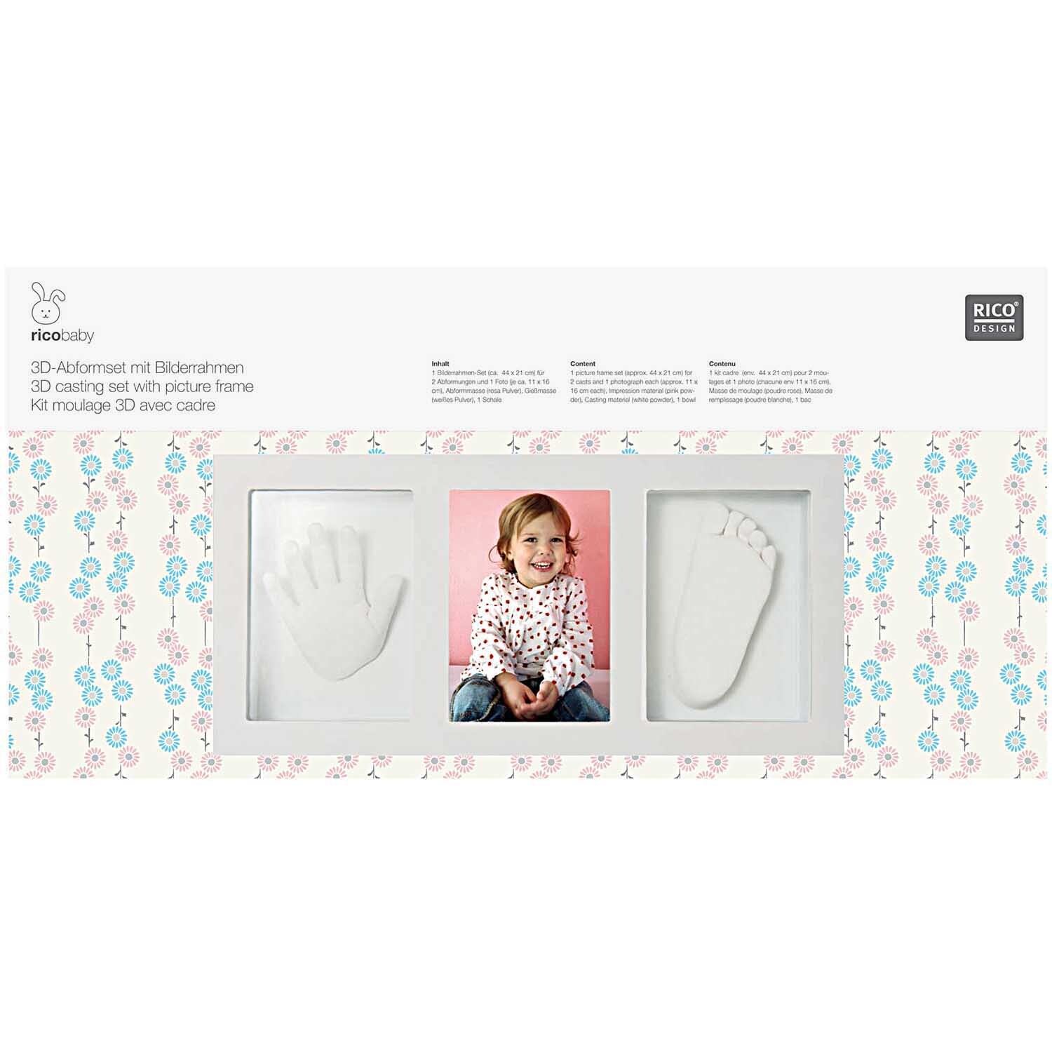 3D-Abformset mit Bilderrahmen zeigt Hand- und Fußabdruck neben einem Kinderfoto, ideal für Erinnerungen.