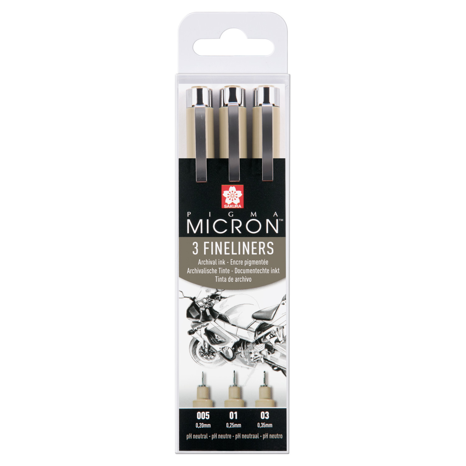 Pigment Liner Sakura Pigma Micron Set mit drei schwarzen Finelinern in einer transparenten Verpackung. Ideal für präzises Zeichnen.