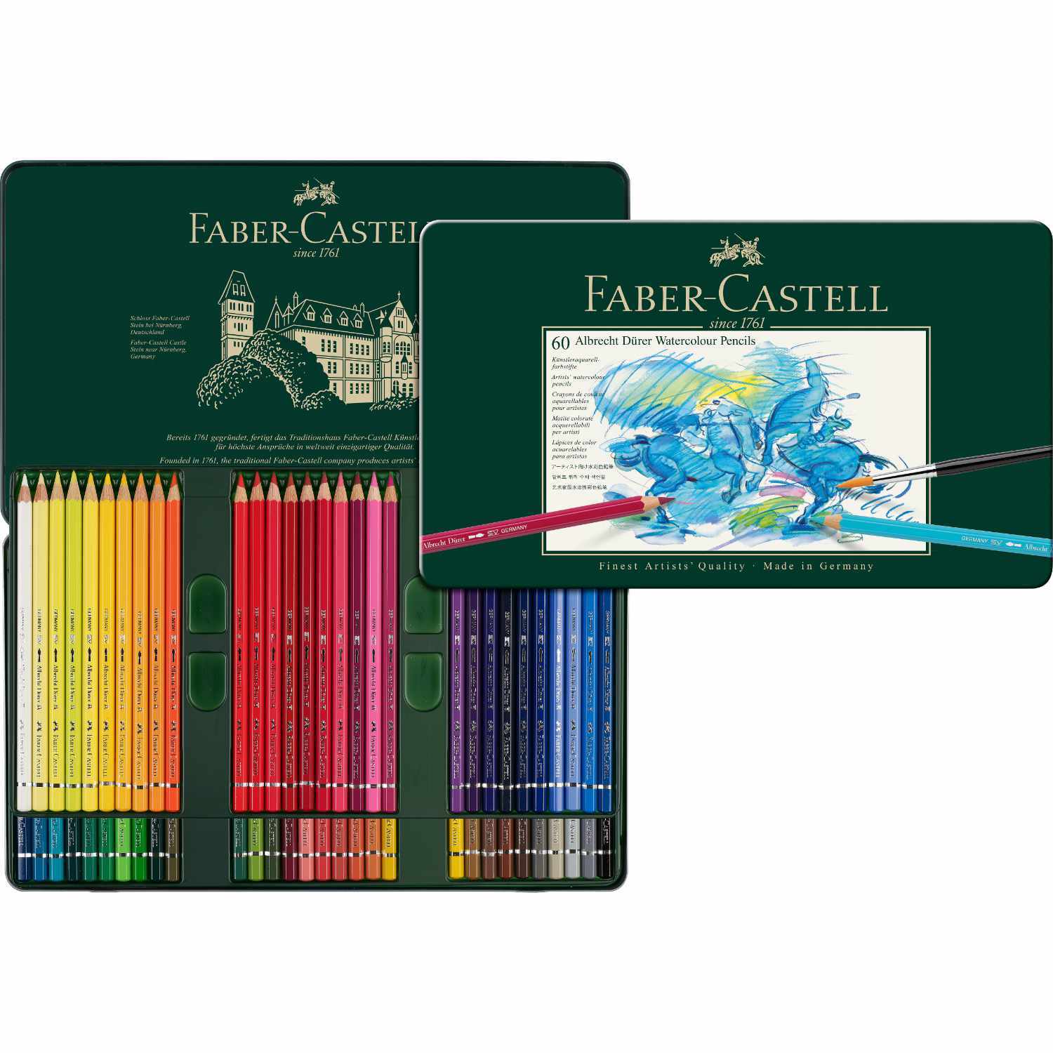 Albrecht Dürer Metalletui mit 60 bunten Stiften von Faber Castell, ideal für kreative Projekte.