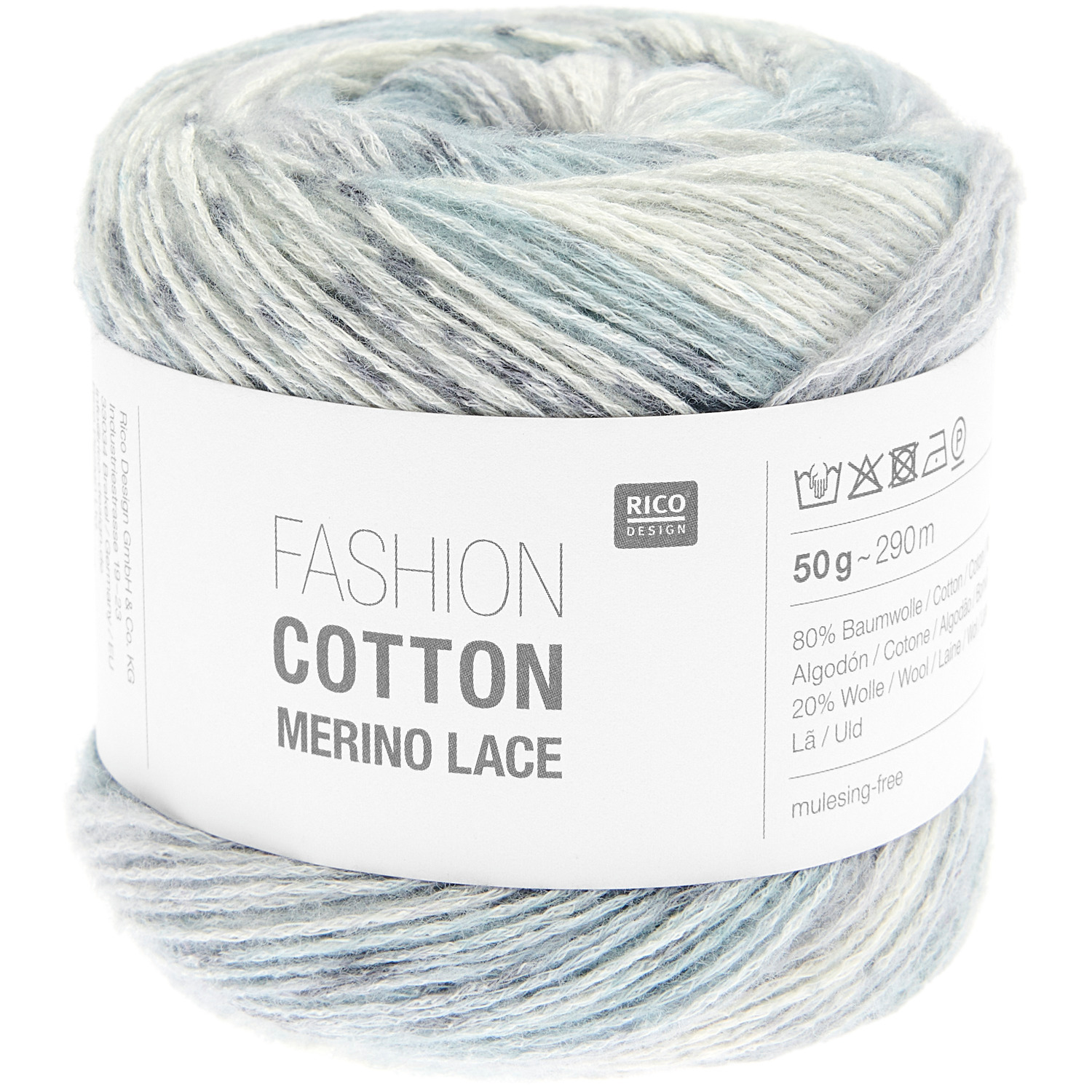 Fashion Cotton Merino Lace, ein Garn von Rico Design in sanften Blautönen, ideal für Strickprojekte.