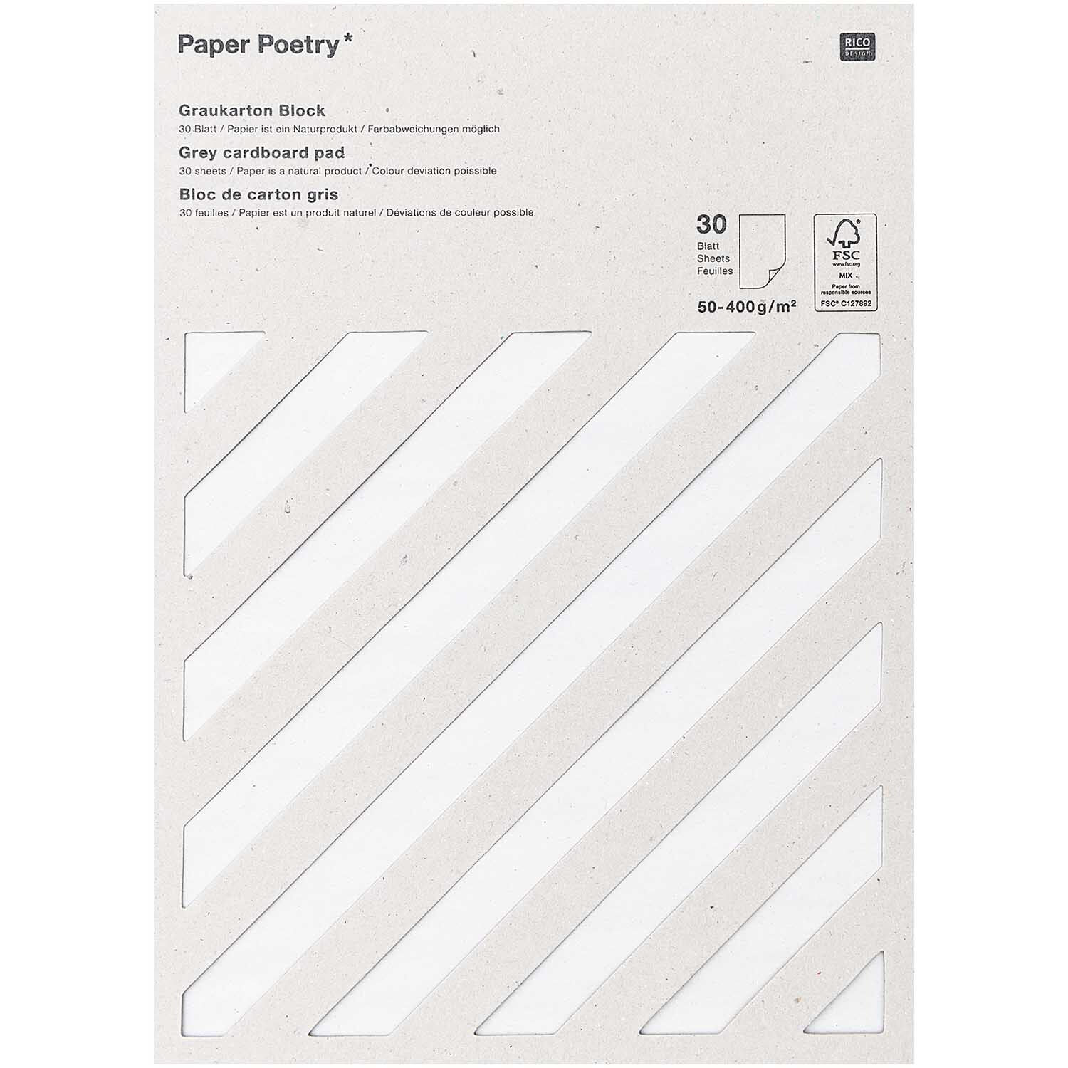Paper Poetry Graukarton Block mit 30 Blättern, 50-400g/m², von Rico Design, zeigt diagonale Streifen.