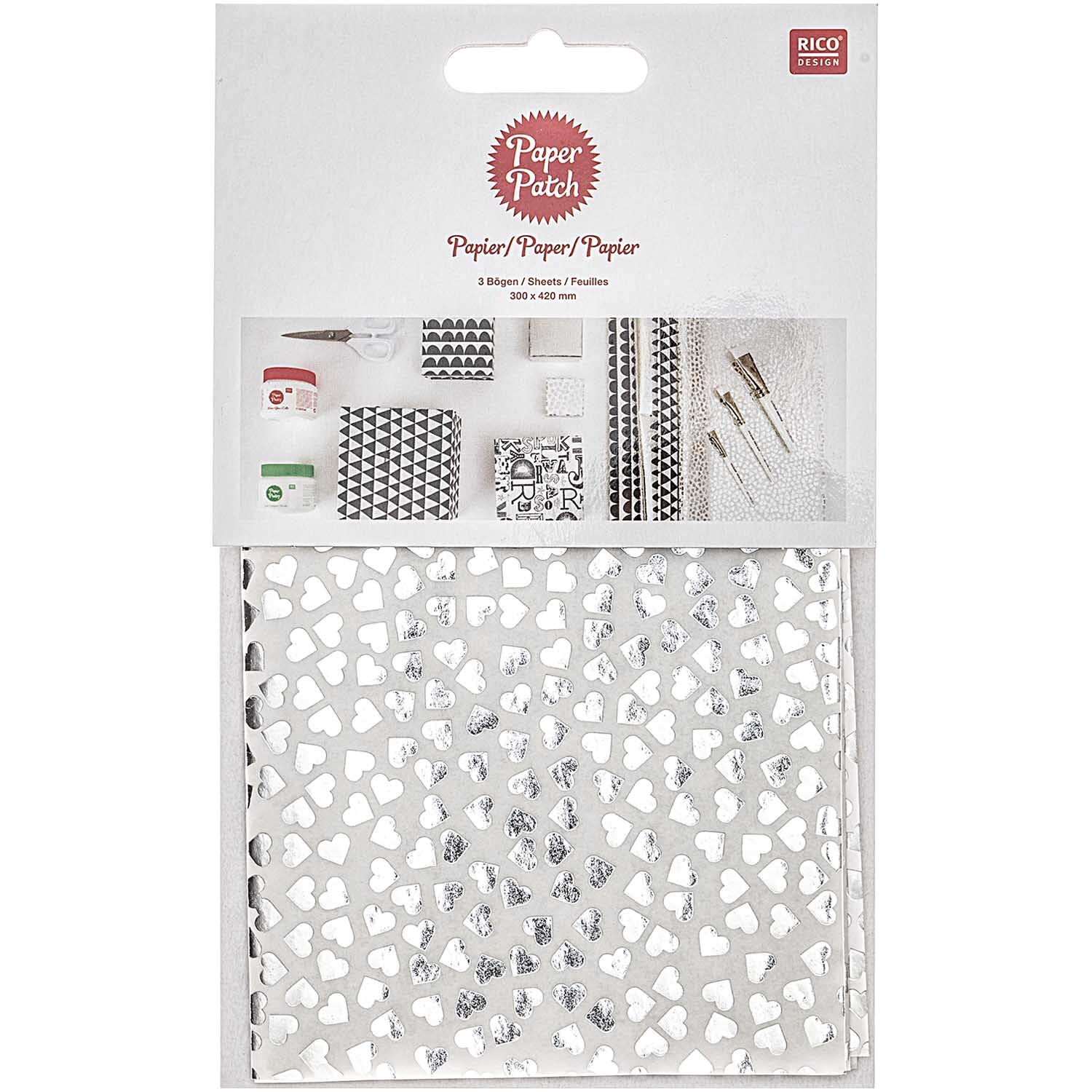 SB Paper Patch Papier Herzen silber 30x42cm 3 Bogen Hot Foil von Rico Design