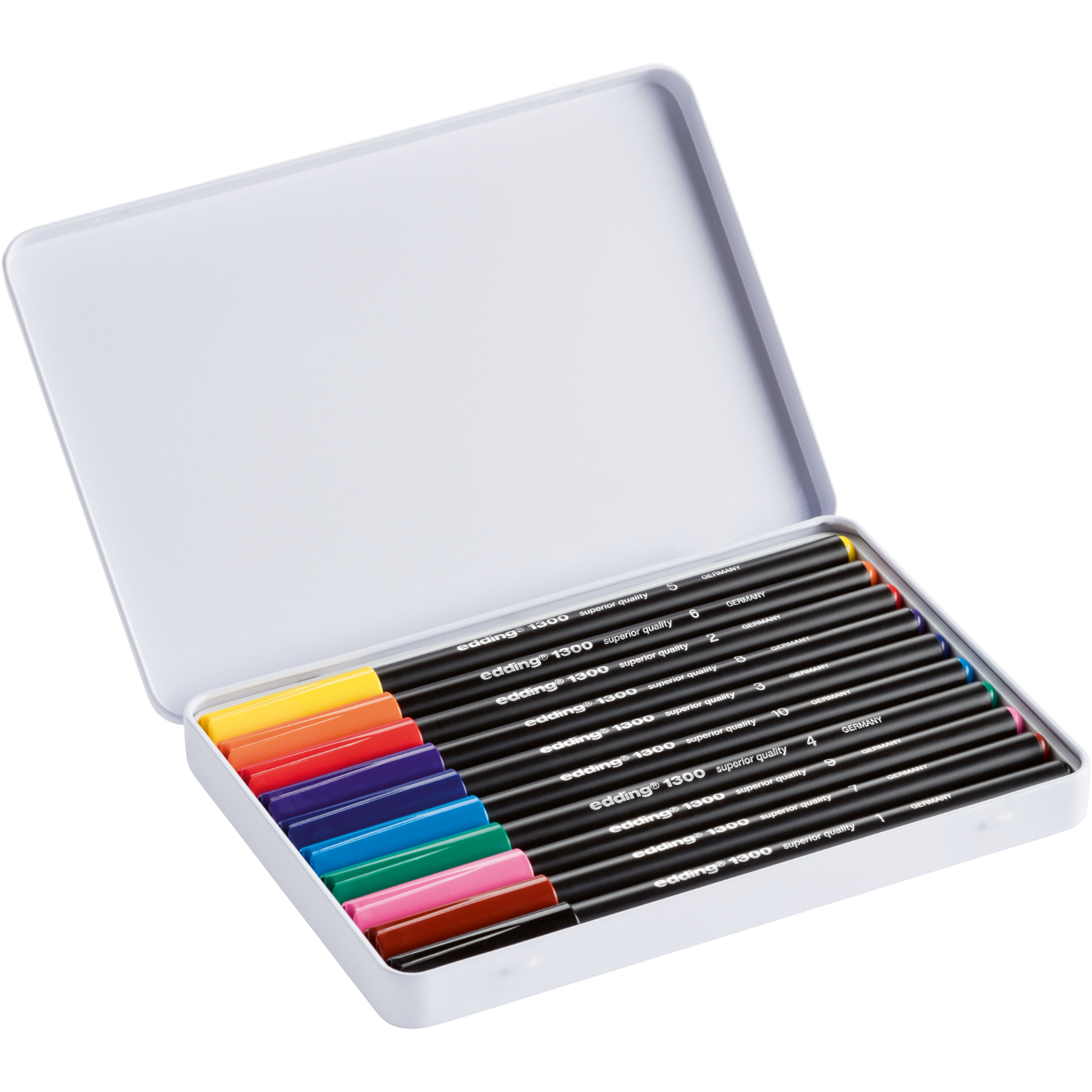 1300 im Blechetui 10er Set: Offenes Etui mit zehn mehrfarbigen edding Stiften, ideal zum Zeichnen und Schreiben.