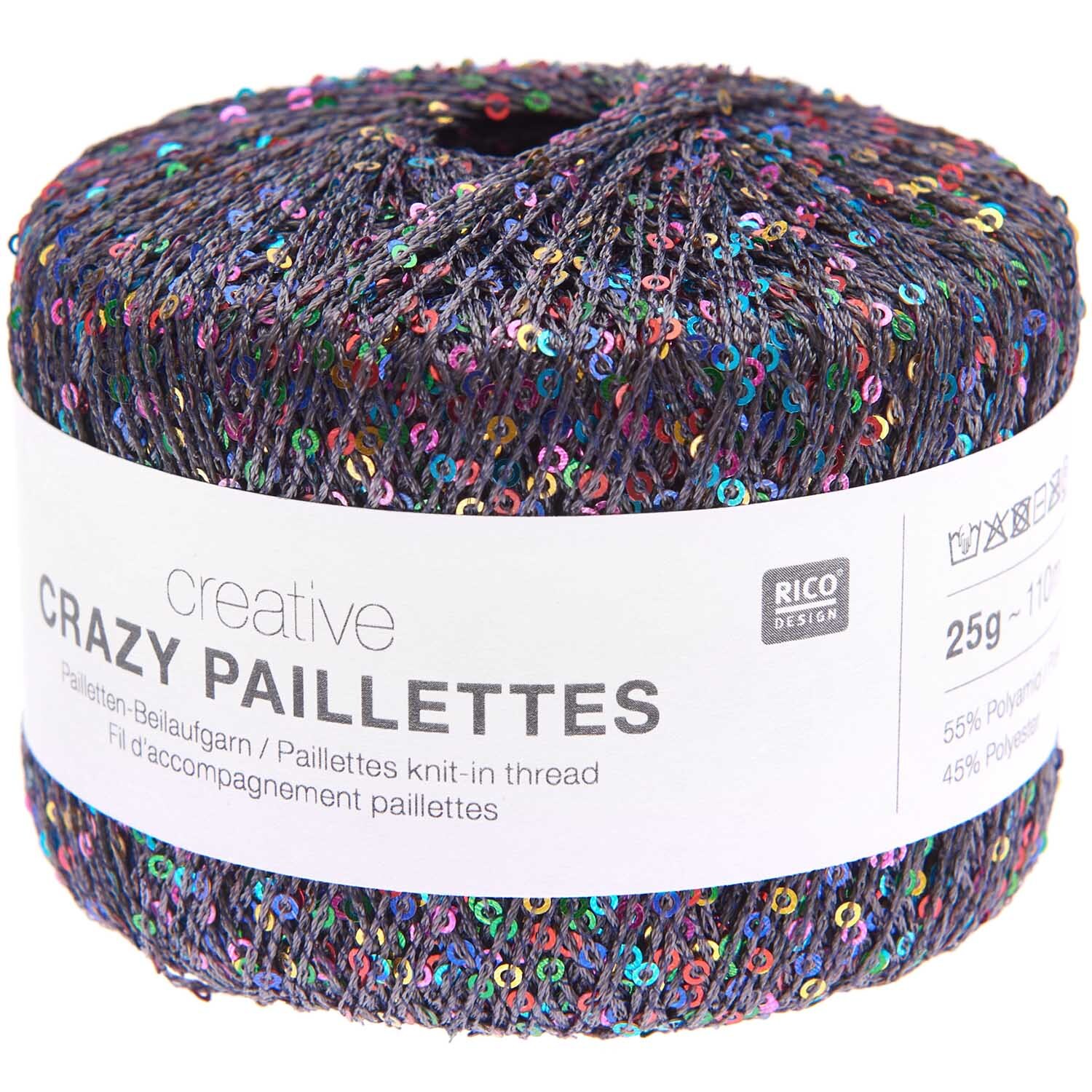 Creative Crazy Paillettes von Rico Design in Anthrazit, 25g Knäuel mit bunten Pailletten. Ideal für kreative Strickprojekte.
