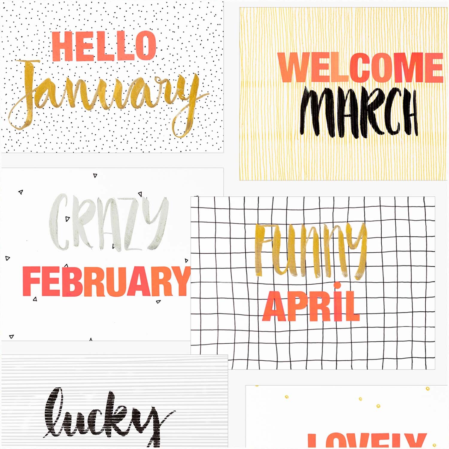 Bastelanleitung Handlettering-Kalender: Kreative Monatsblätter mit bunten Schriftzügen und Mustern.