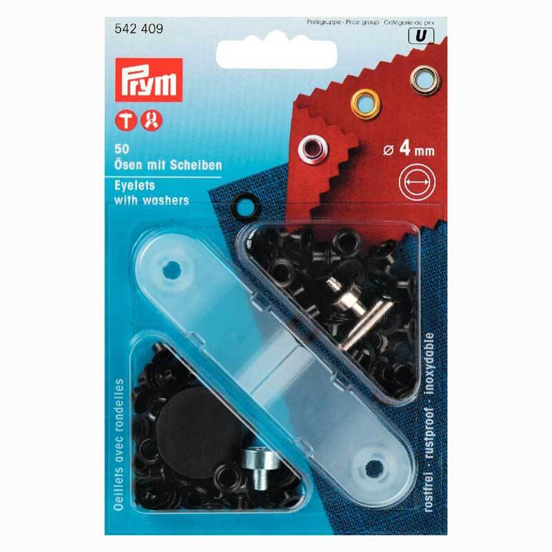 Ösen mit Scheiben brüniert 4mm 50 Stück von Prym, verpackt in einer blauen Kunststoffbox.