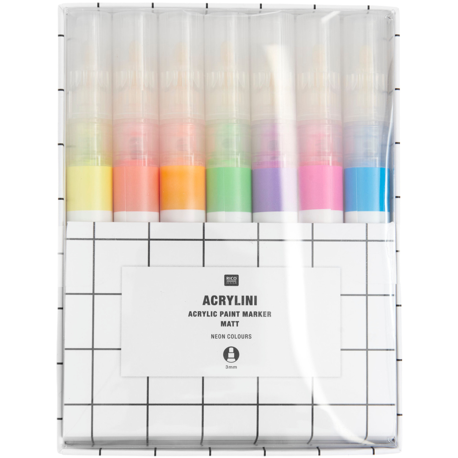 Acrylini Marker Set Neon: Sieben leuchtende Acrylmarker in Neonfarben von Rico Design, ideal für kreative Projekte.