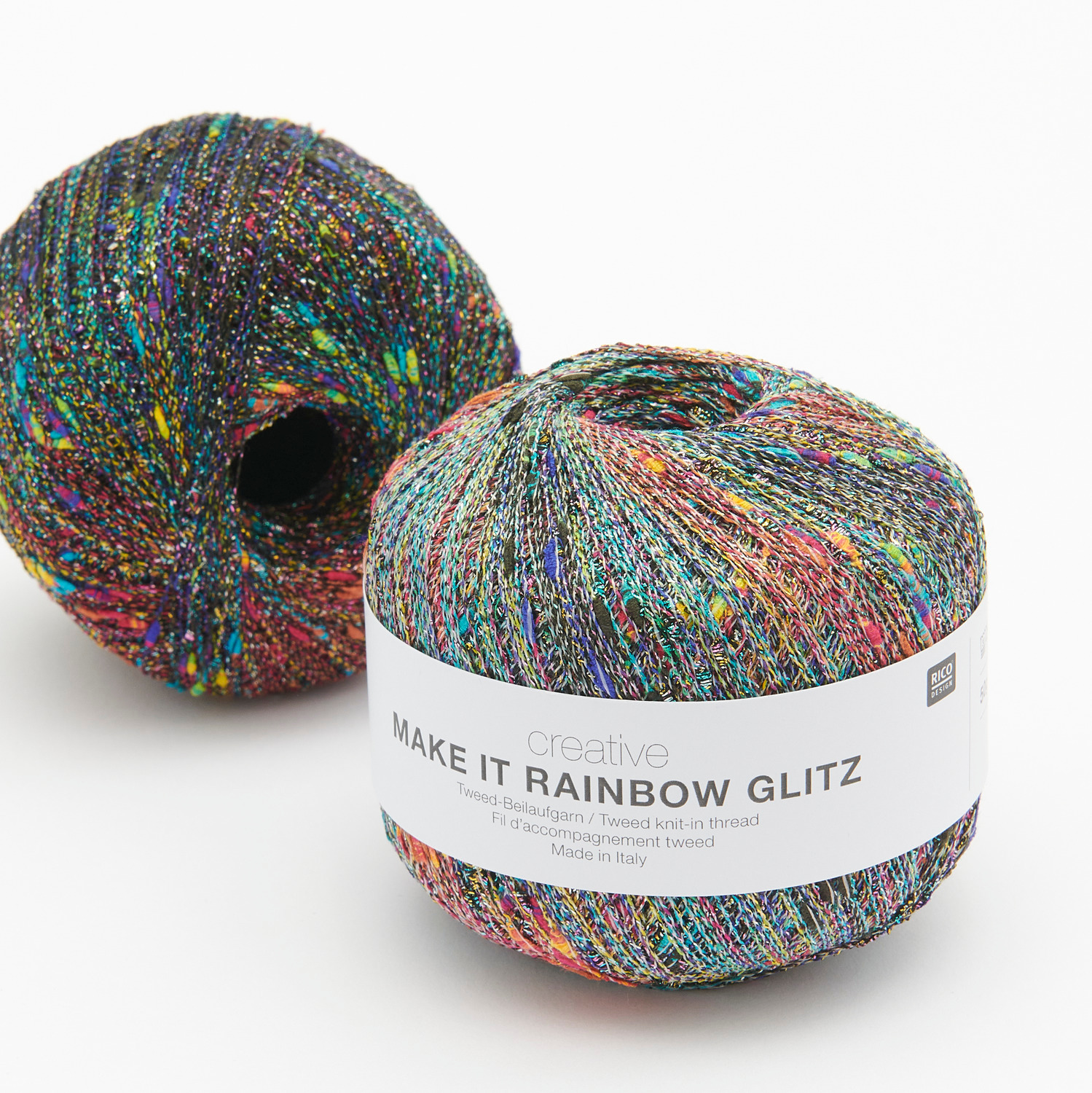 Creative Make It Rainbow Glitz: Ein elegantes Garn in Schwarz und Weiß von Rico Design, ideal für kreative Strickprojekte.