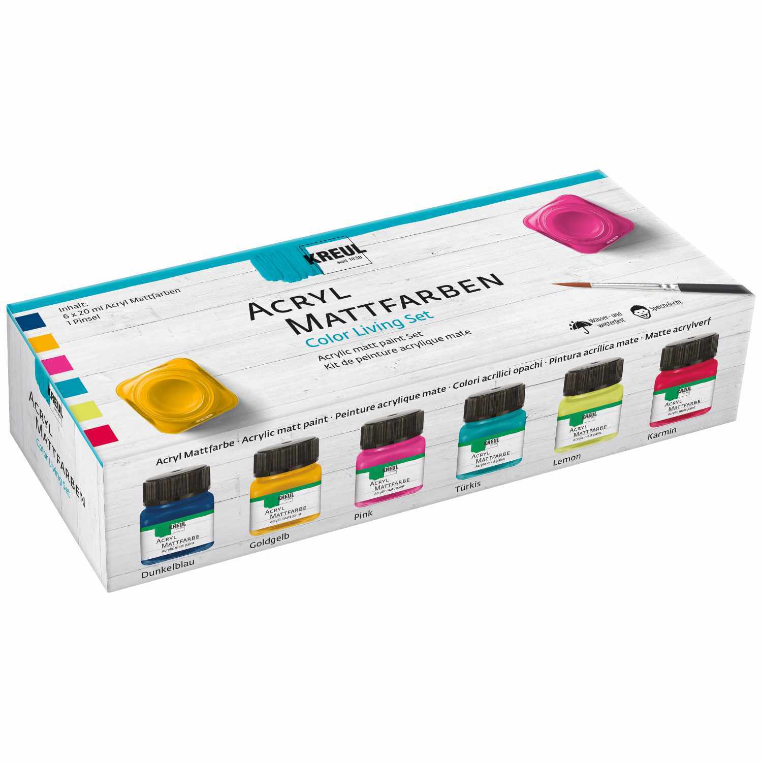 Acryl Mattfarben Set Color Living 6x20ml zeigt sechs bunte Farbtöpfe von KREUL in einer Verpackung.