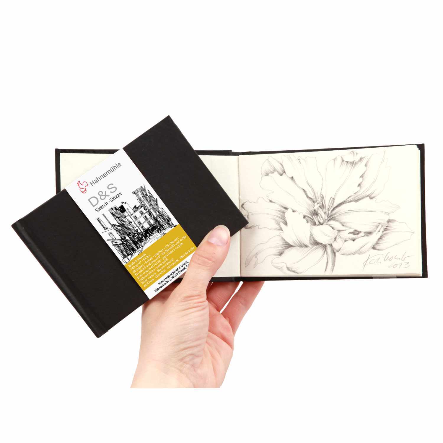 Skizzenbuch D&S 140g/m² 80 Blatt von Hahnemühle, geöffnet, zeigt eine detaillierte Blumenzeichnung.