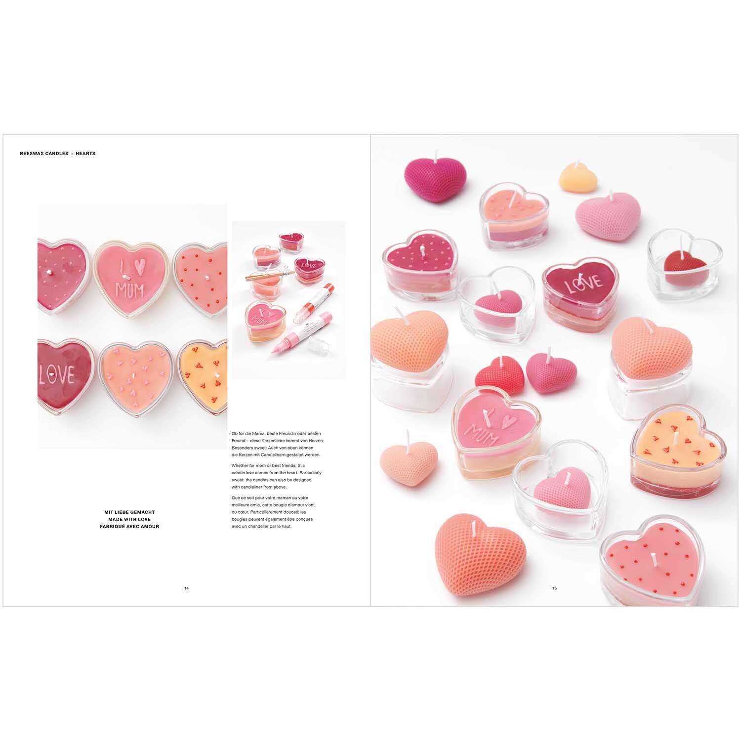 Buch Kerzen gießen zeigt eine Sammlung von herzförmigen Kerzen in Rosa- und Rottönen.