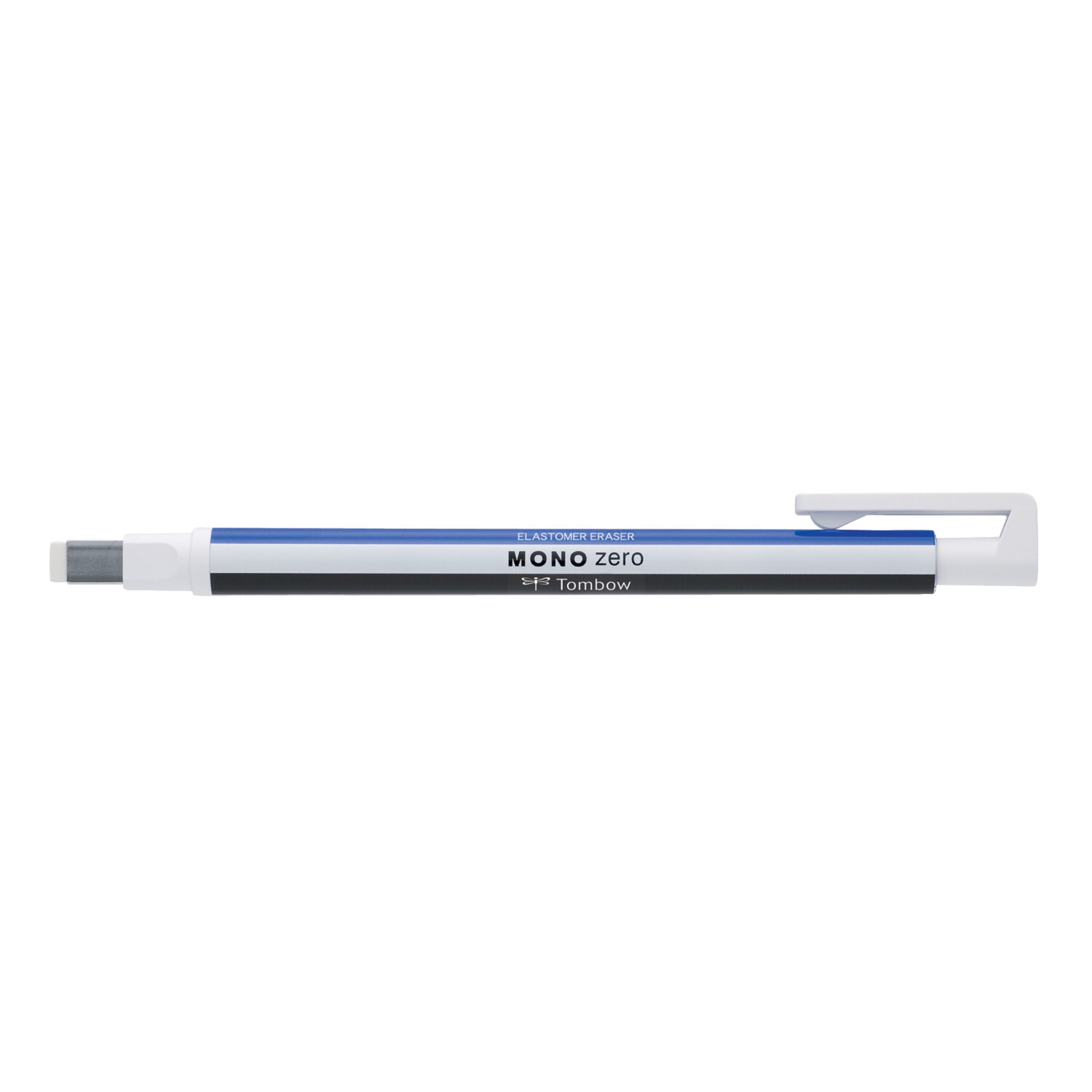 Radierstift MONO Zero eckige Spitze von Tombow in Blau, Weiß und Schwarz, ideal für präzises Radieren.