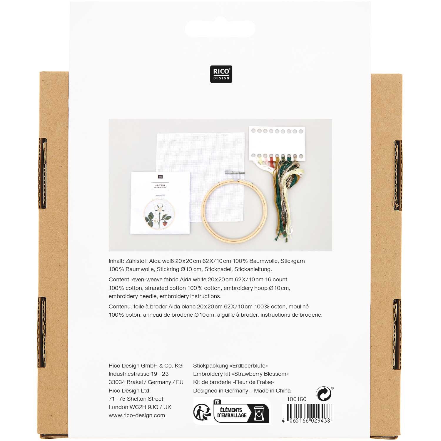 Stickpackung Bild Erdbeerblüte von Rico Design, zeigt Stickmaterialien und Anleitung auf weißem Hintergrund. Ideal für kreative Handarbeiten.