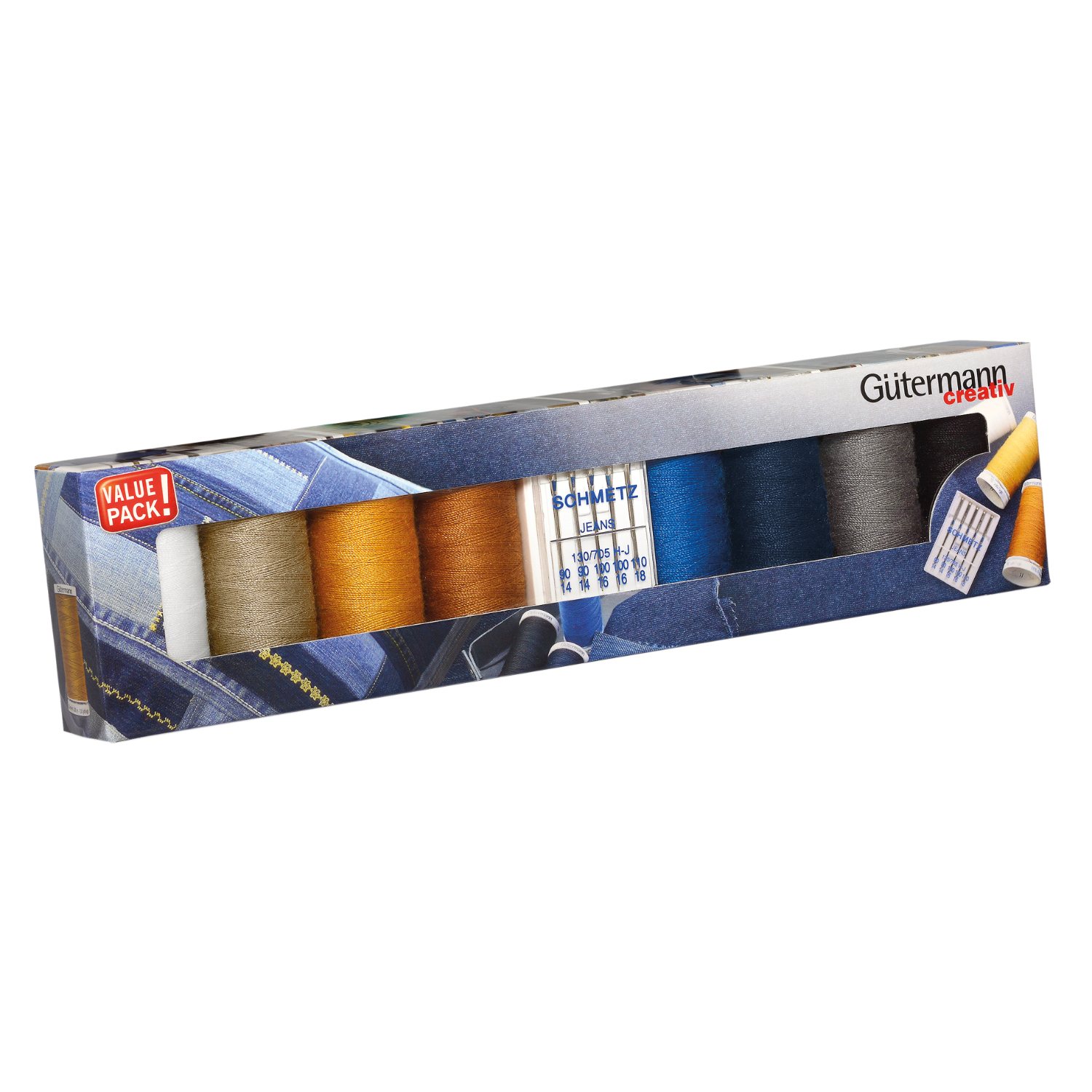 Nähfaden Set Denim 50 mit Jeansnadel von Gütermann: Verschiedene Farben, 8x 300m, ideal für Jeansprojekte.