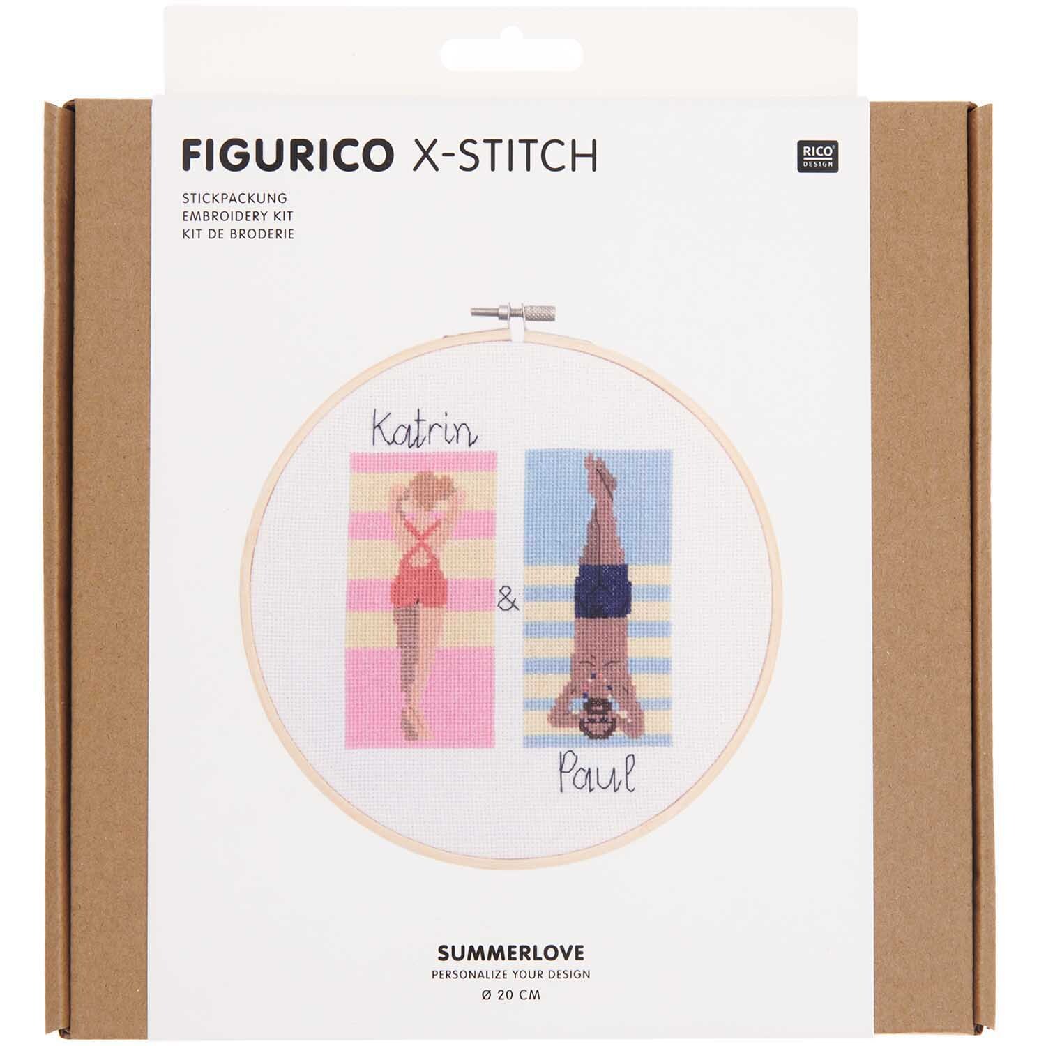 Figurico Stickpackung Summerlove 20cm zeigt ein Paar auf bunten Strandtüchern im Kreuzstich.